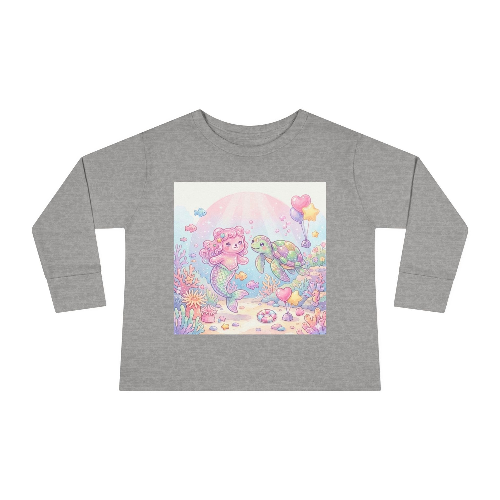 Pastel Oozy Bear Mermaid & Sea Turtle Cute Friends- Graphic Long Sleeve Shirt