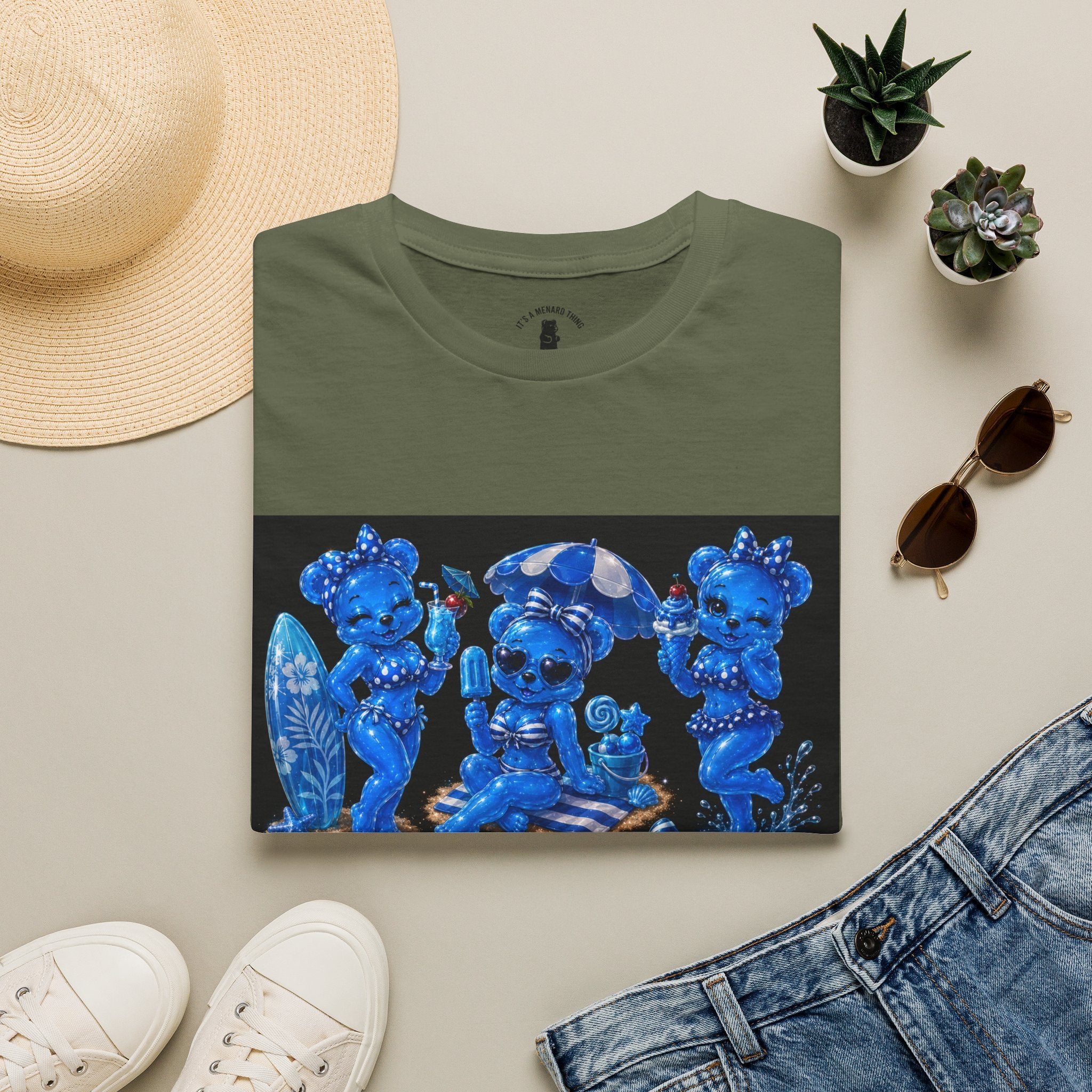 Retro Kawaii Blue Oozy Bear Pin Up Beach Babe- Adult Graphic Shirt (18+)