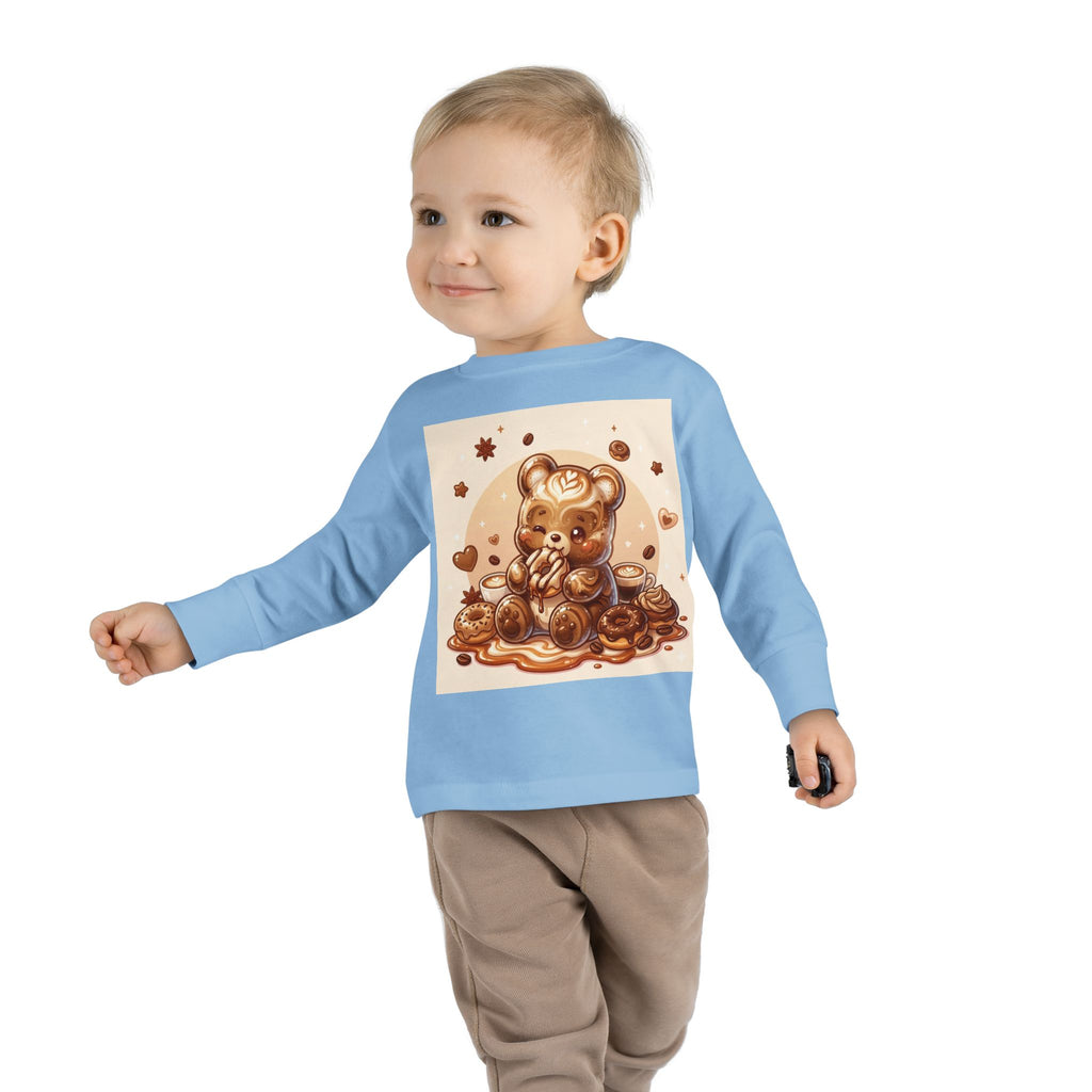 Coffee & Donuts with Chocolate, Oozy Bear Gummy Girls— Kids Illustrated Long Sleeve Shirt