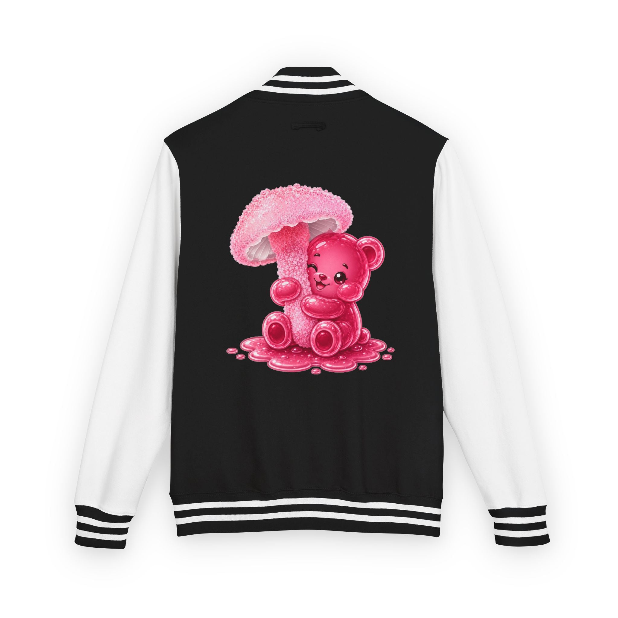 Pretty Pink Mushroom, Gooey Gummy Bear Friend —  Kawaii Graphic Varsity Jacket