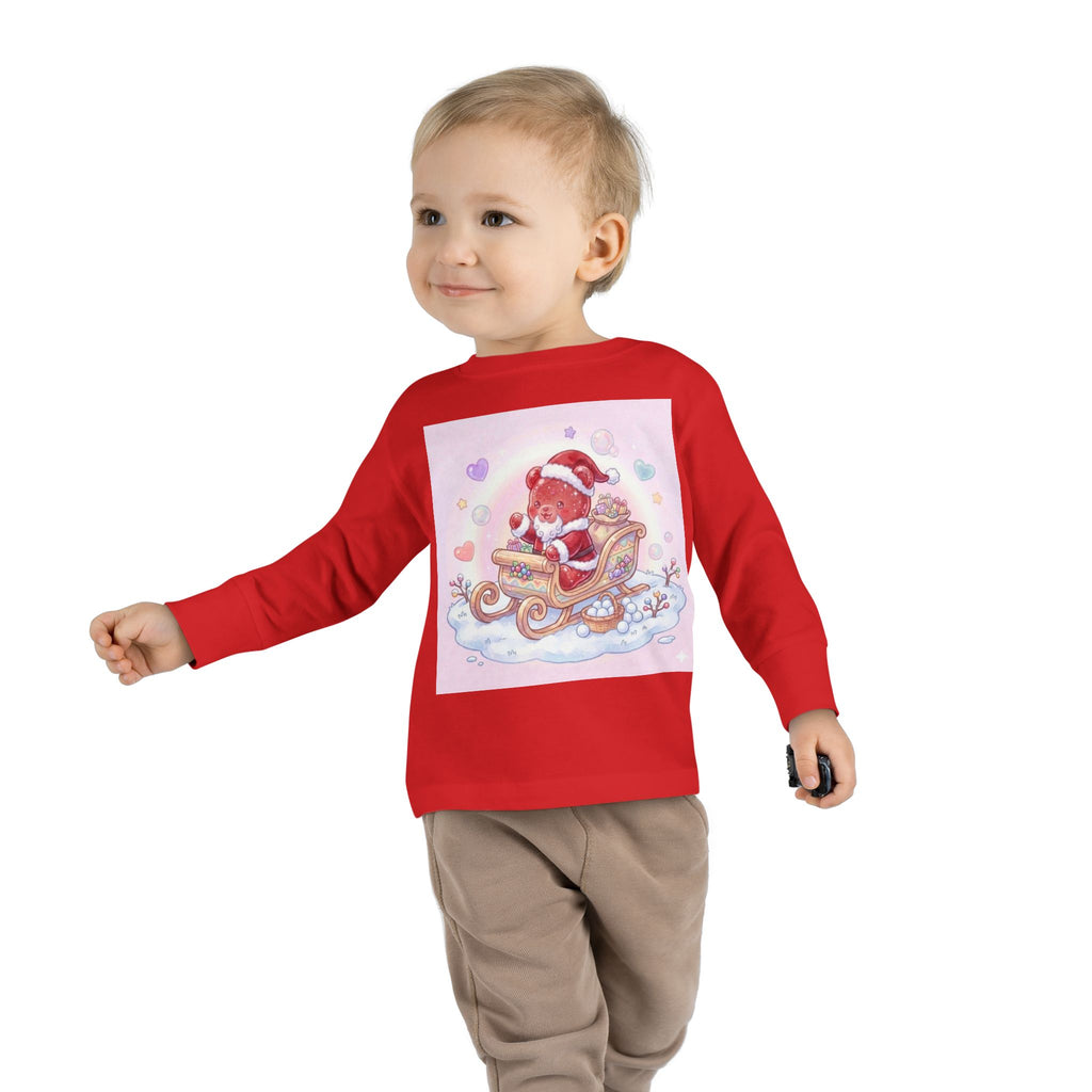 Cute Santa Oozy Bear in Sleigh Christmas- Graphic Long Sleeve Shirt