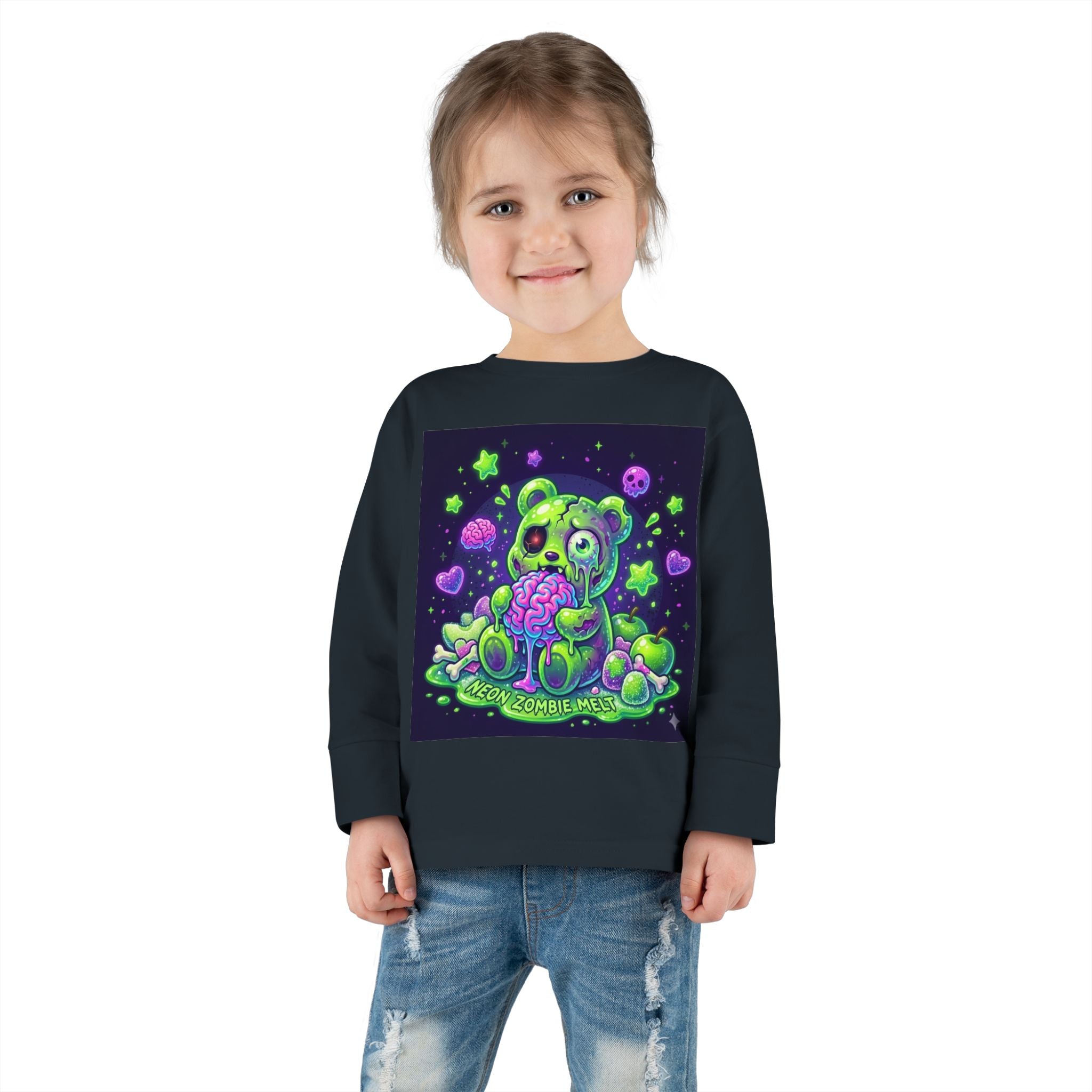 Neon Zombie Oozy Bear Gummy Halloween Addition- Kids Graphic Long Sleeve Shirt