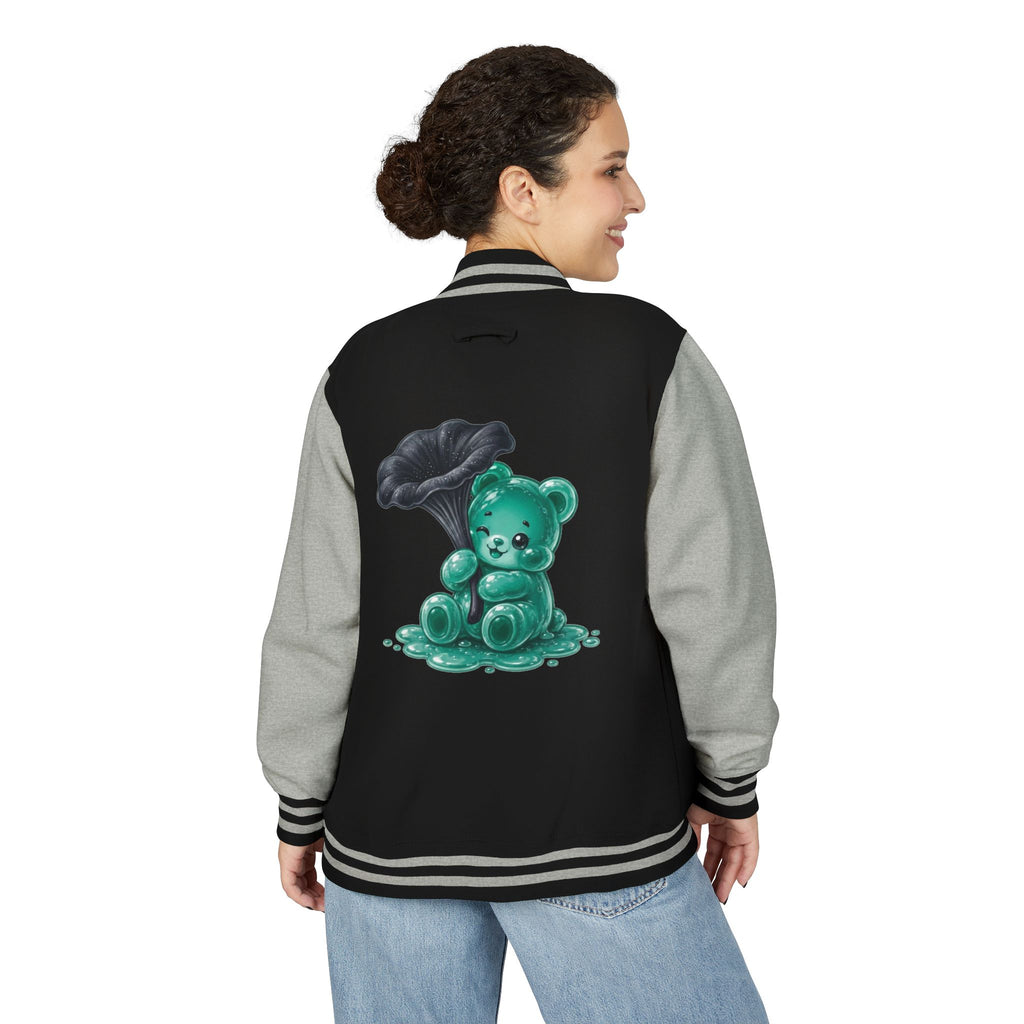 Black Trumpet Mushroom, Teal Oozy Bear Gummy Friend- Letterman Graphic Jacket