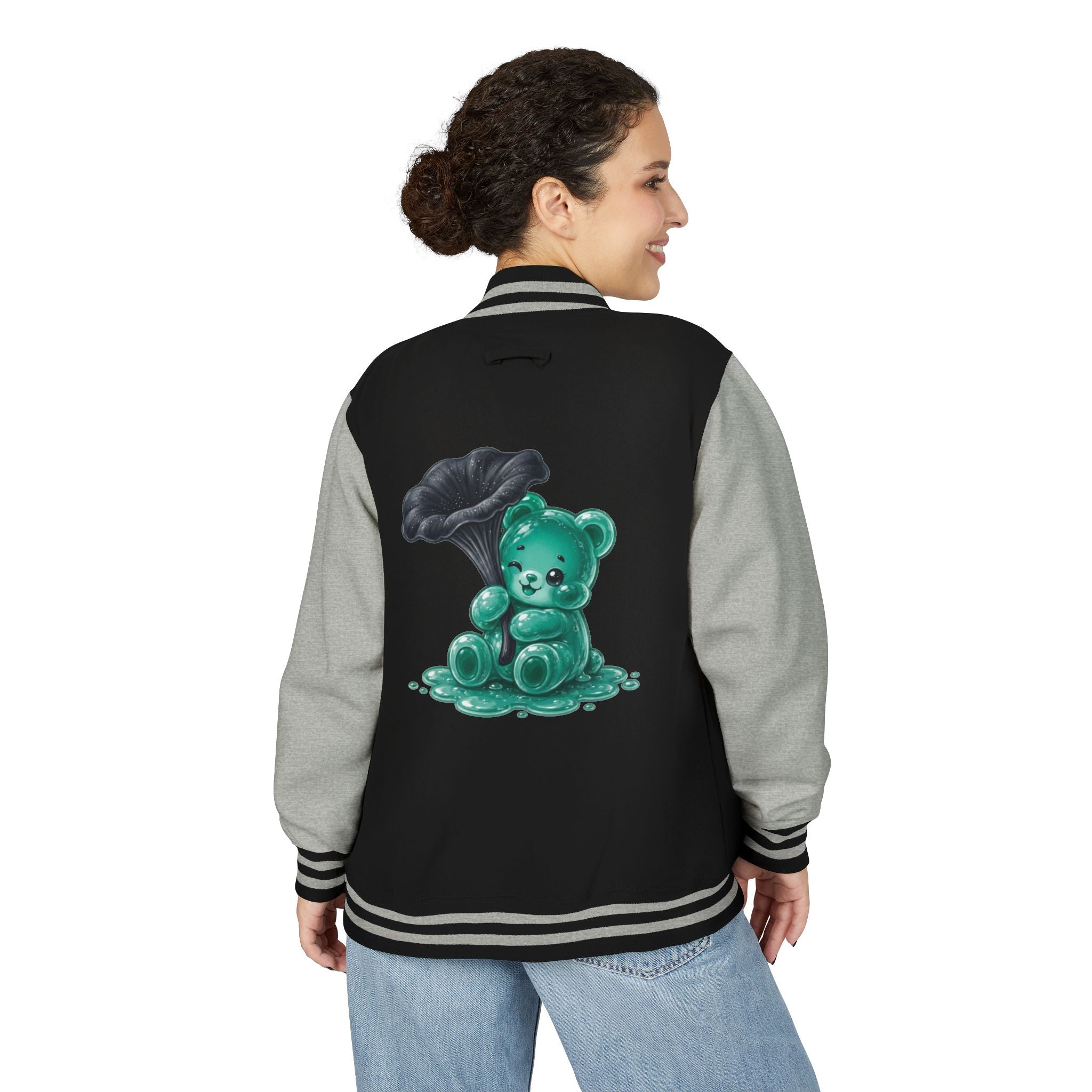 Black Trumpet Mushroom, Teal Oozy Bear Gummy Friend- Letterman Graphic Jacket