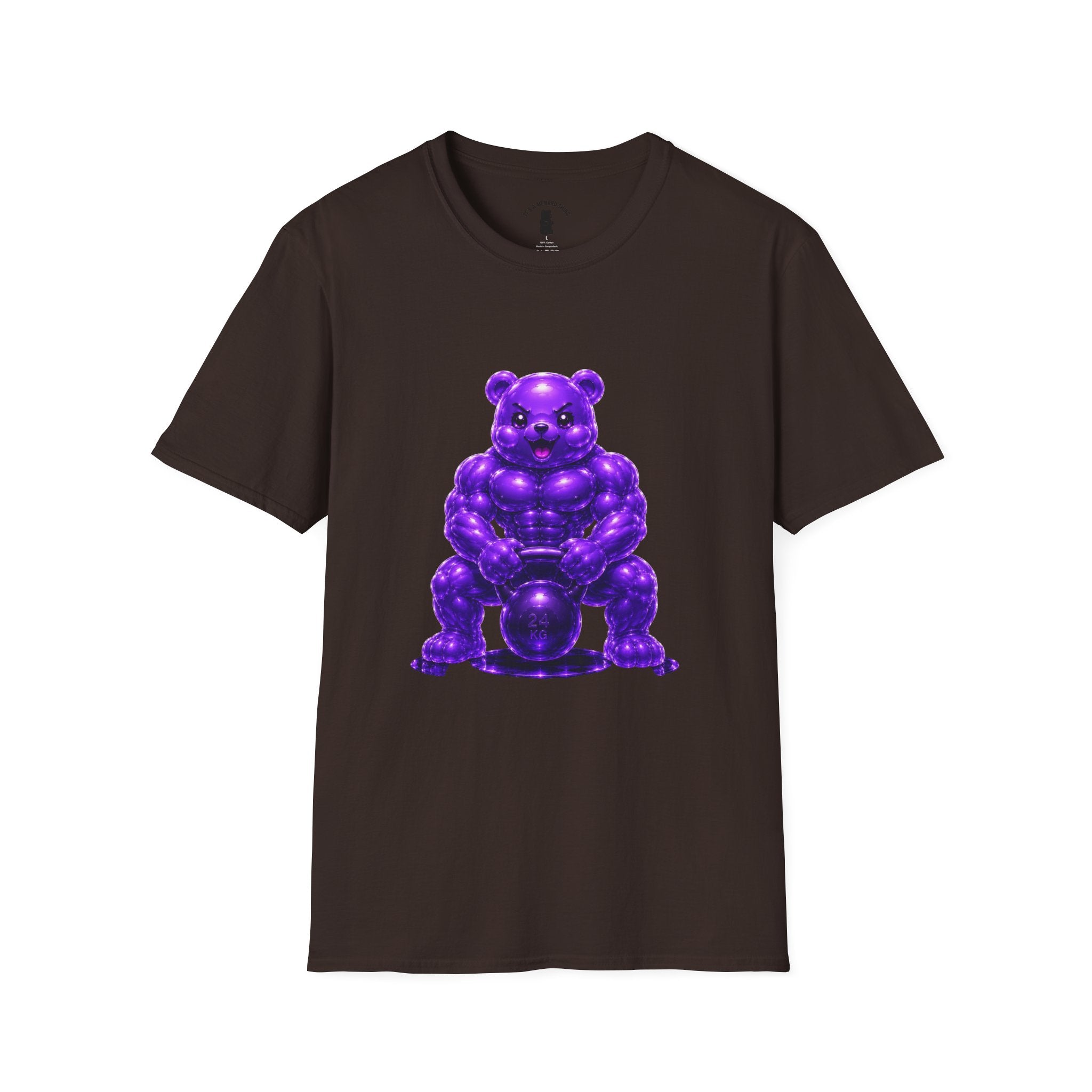 Brawny Violet Oozy Buff Bear with Kettleball Weight- Adult Graphic Shirt (18+)