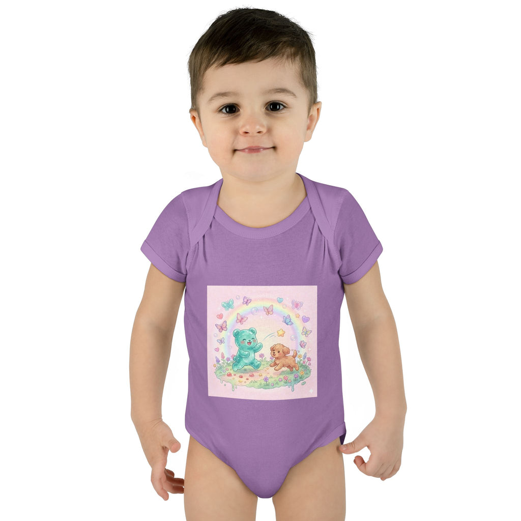 Gooey Gummy Playing Fetch with Puppy, Cute Infant Onesie