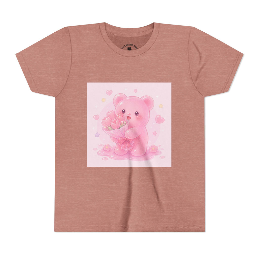 Pink Gooey Gummy Bear Youth Tee – Valentine Gummy Bouquet Kids Shirt