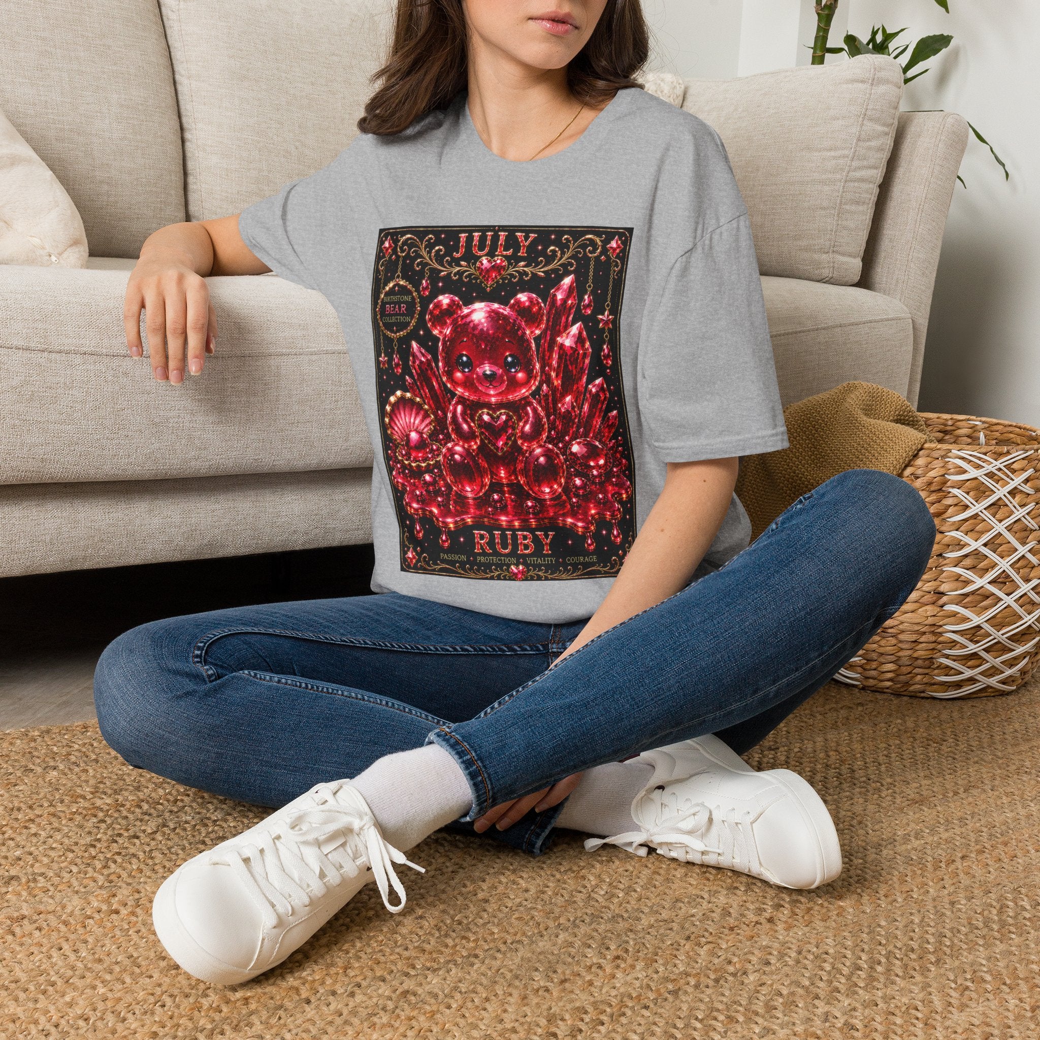 July Ruby Crystal Oozy Bear Birth Month Gemstone Addition- Graphic Shirt