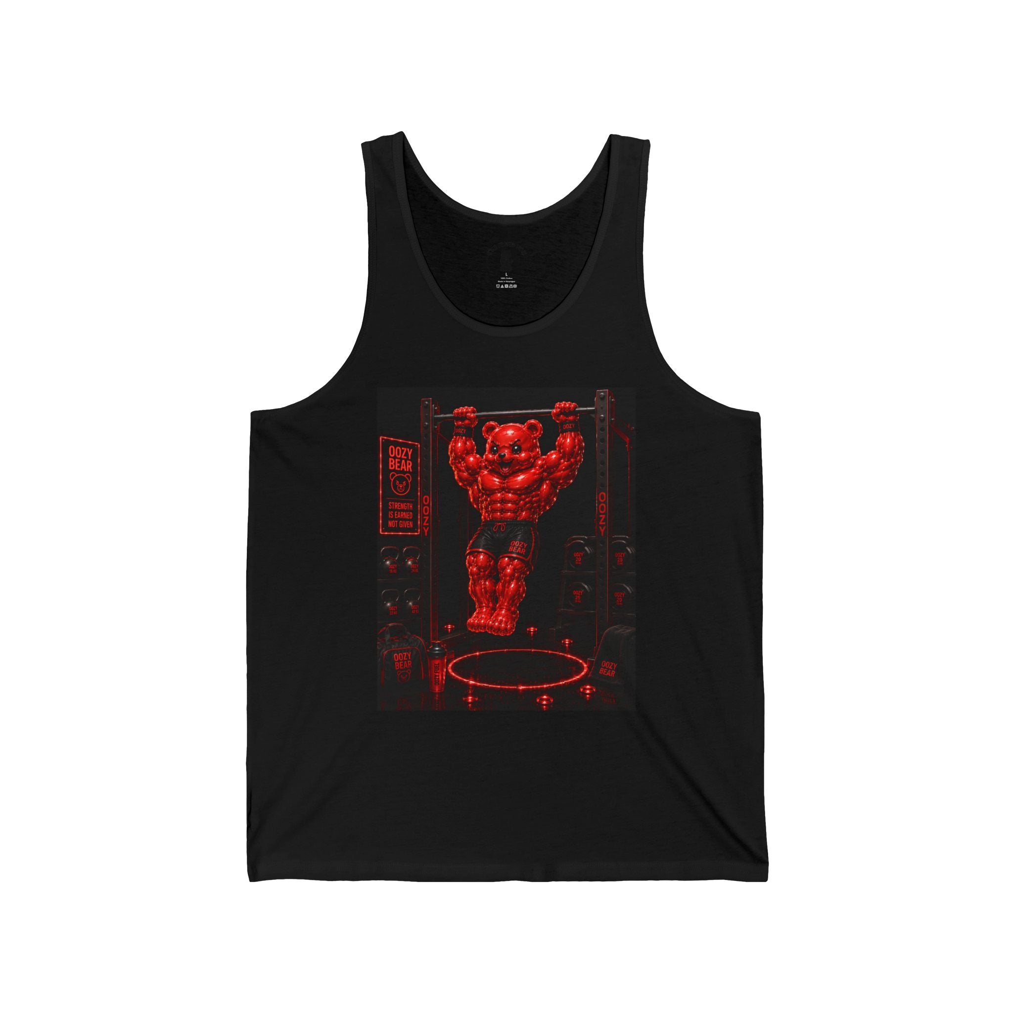 Bar lifting Workout, Crimson Oozy Buff Bear Gummy Gym Addition- Adult Graphic Tank Top