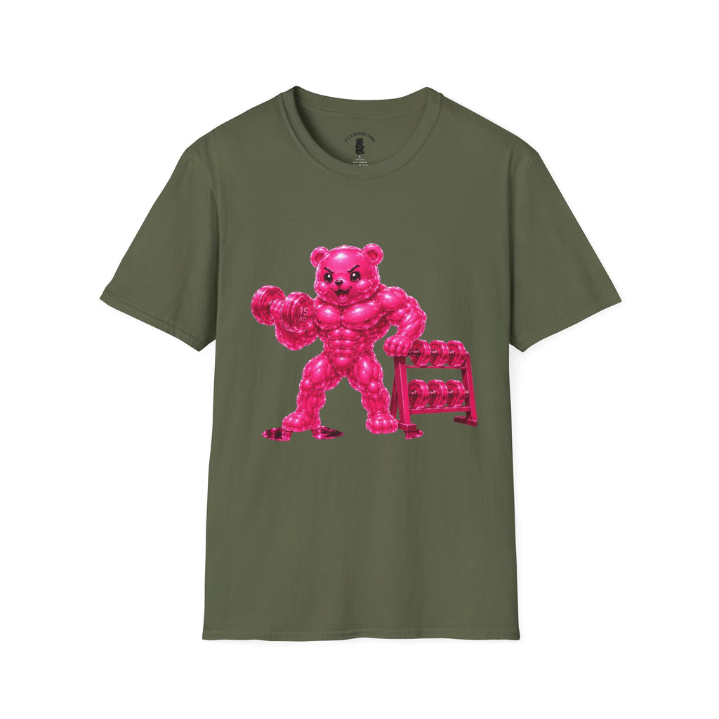 Pink Bodybuilder, Oozy Buff Bear Gummy Special Gym Addition- Adult Graphic Shirt