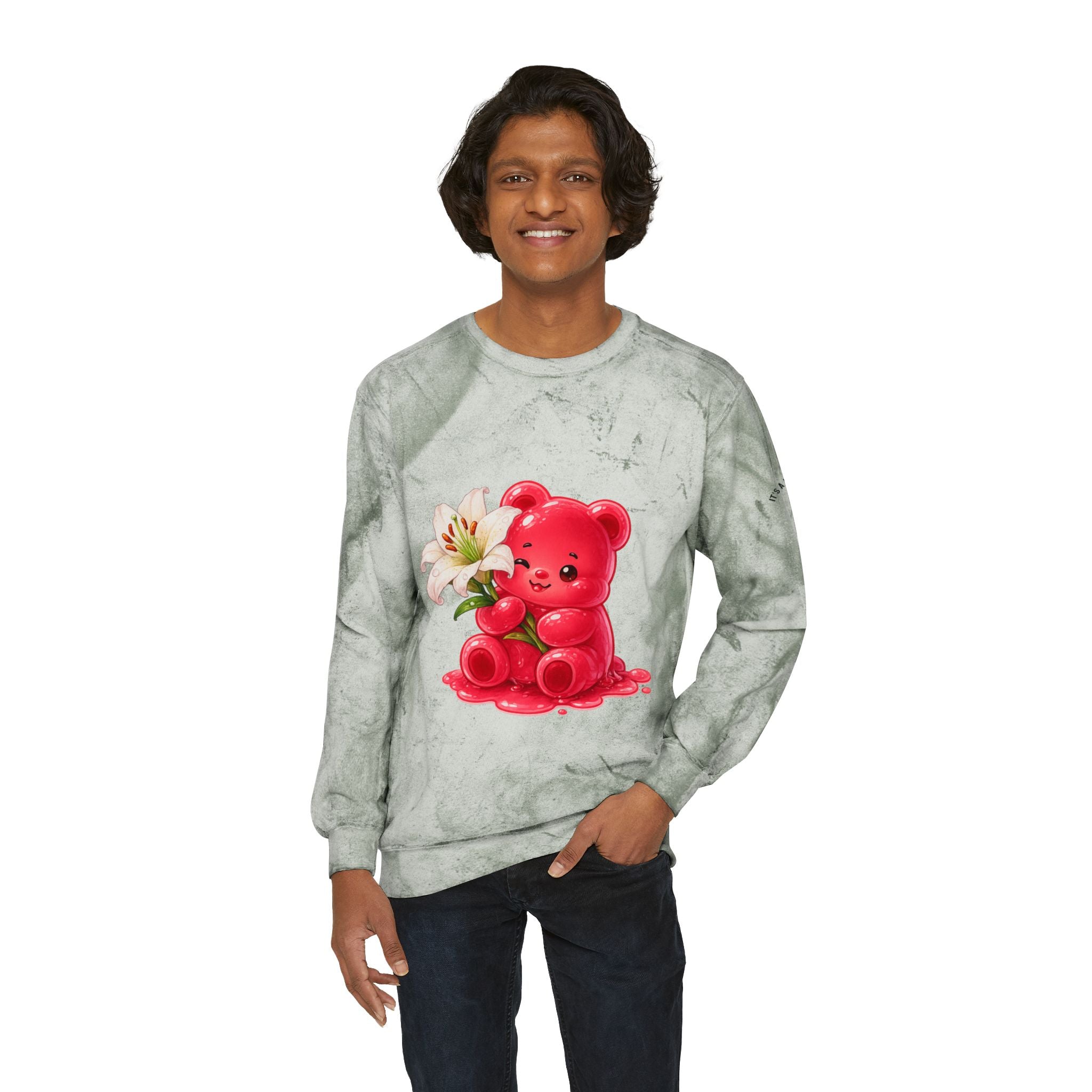 White Lily, Red Gooey Gummy Bear Friend- Graphic Tye-Dye Sweatshirt