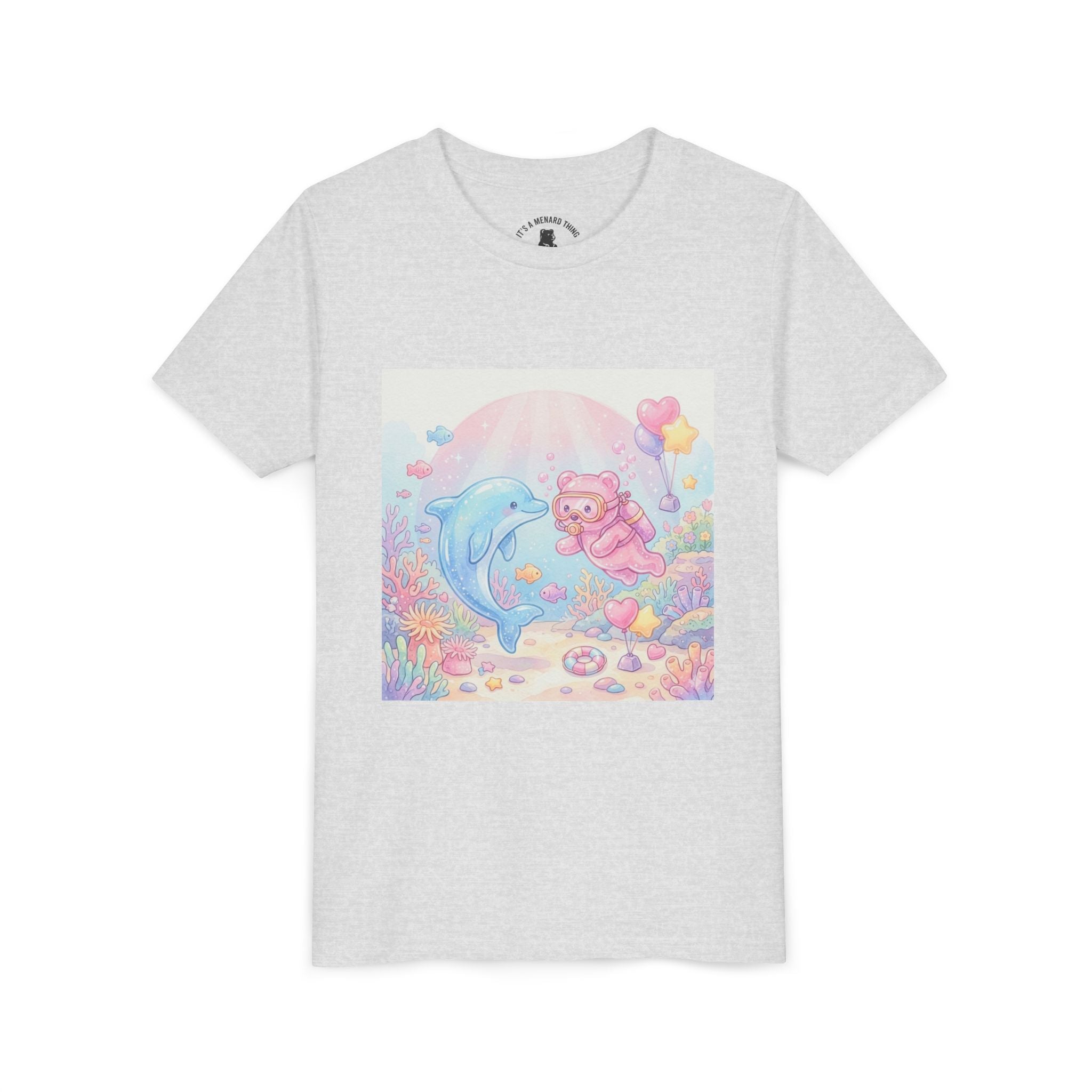 Dolphin & Pink Gooey Gummy Bear Underwater Tee — Pastel Ocean Animal Graphic Shirt
