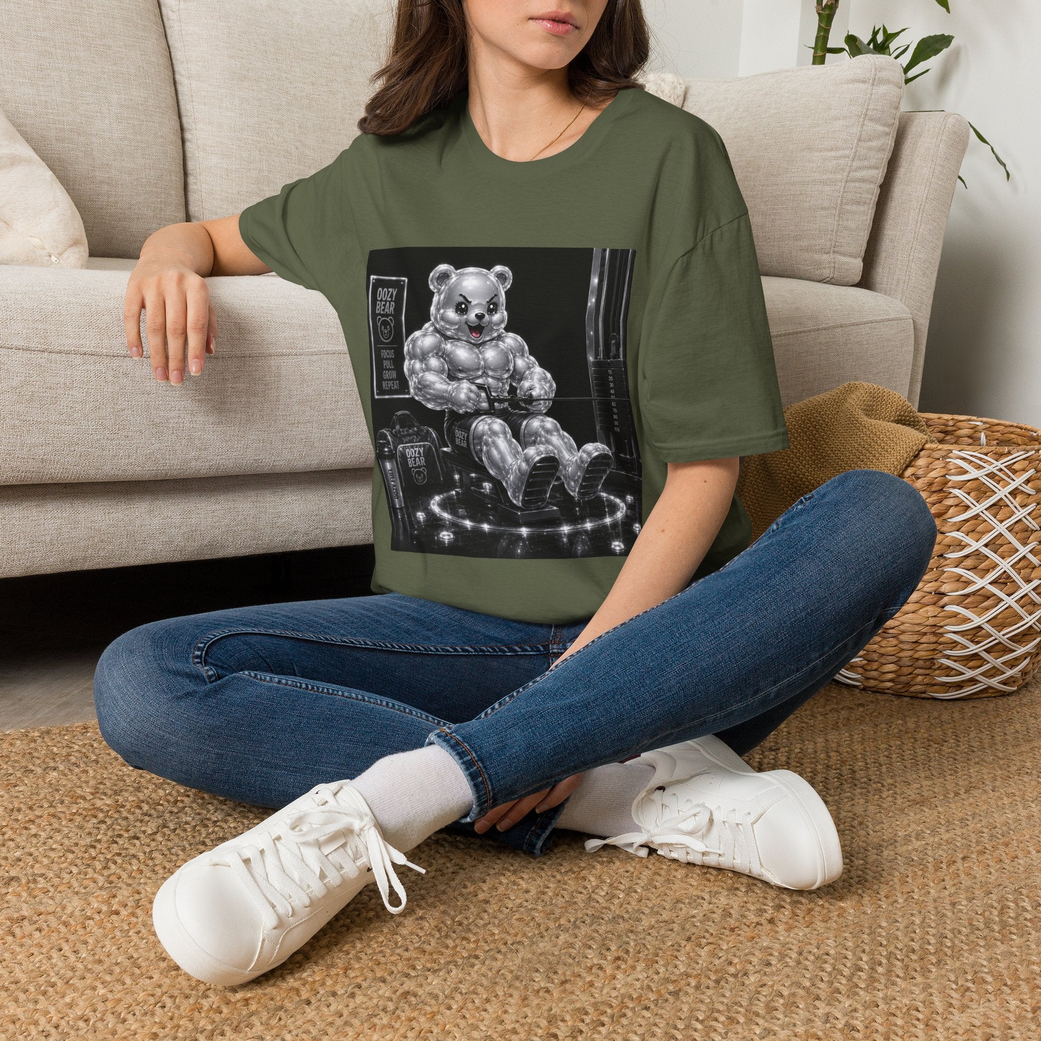 Working on the Bench, Silver Oozy Buff Bear Gummy Gym Addition- Adult Graphic Shirt