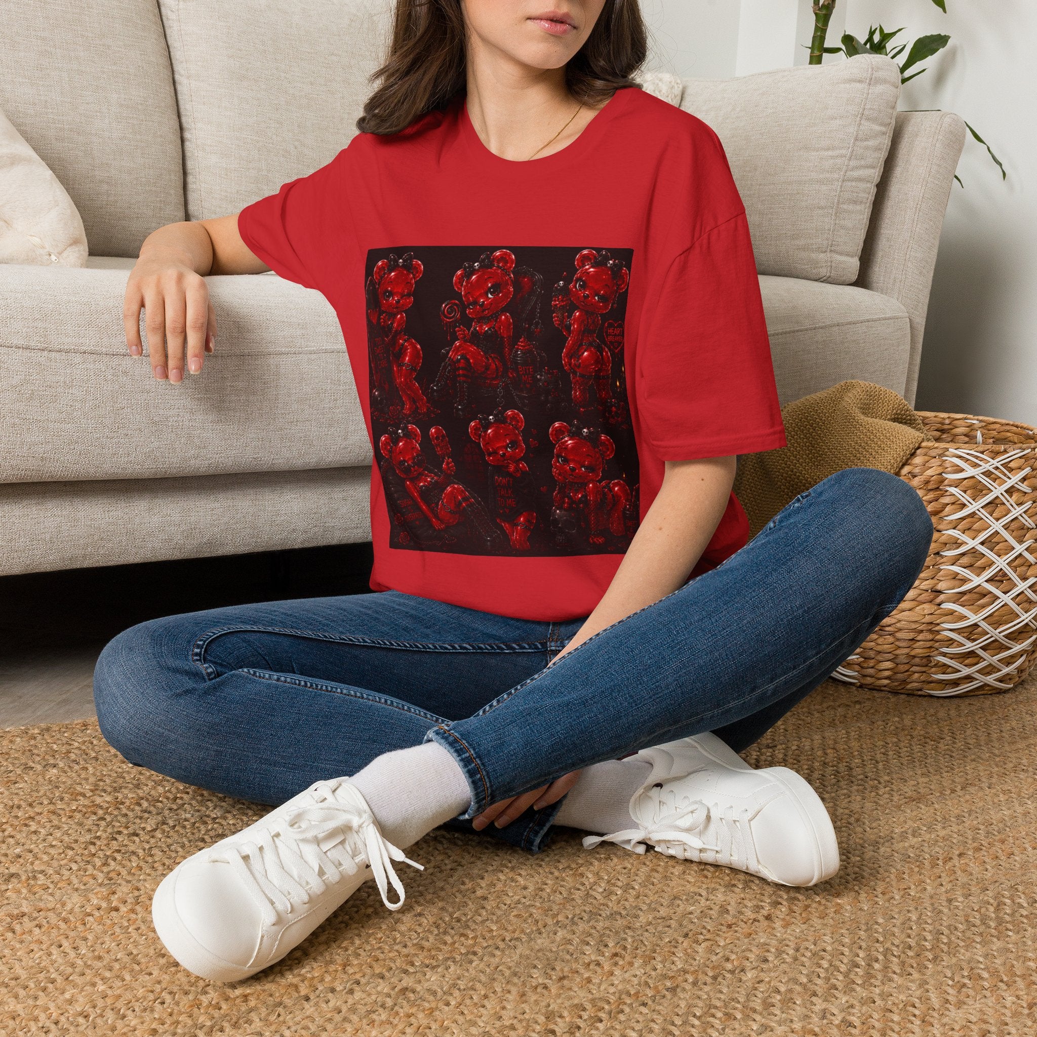 Punk Retro Crimson Red Oozy Bear Babe, Beach Pin Up Addition- Adult Graphic Shirt (18+)