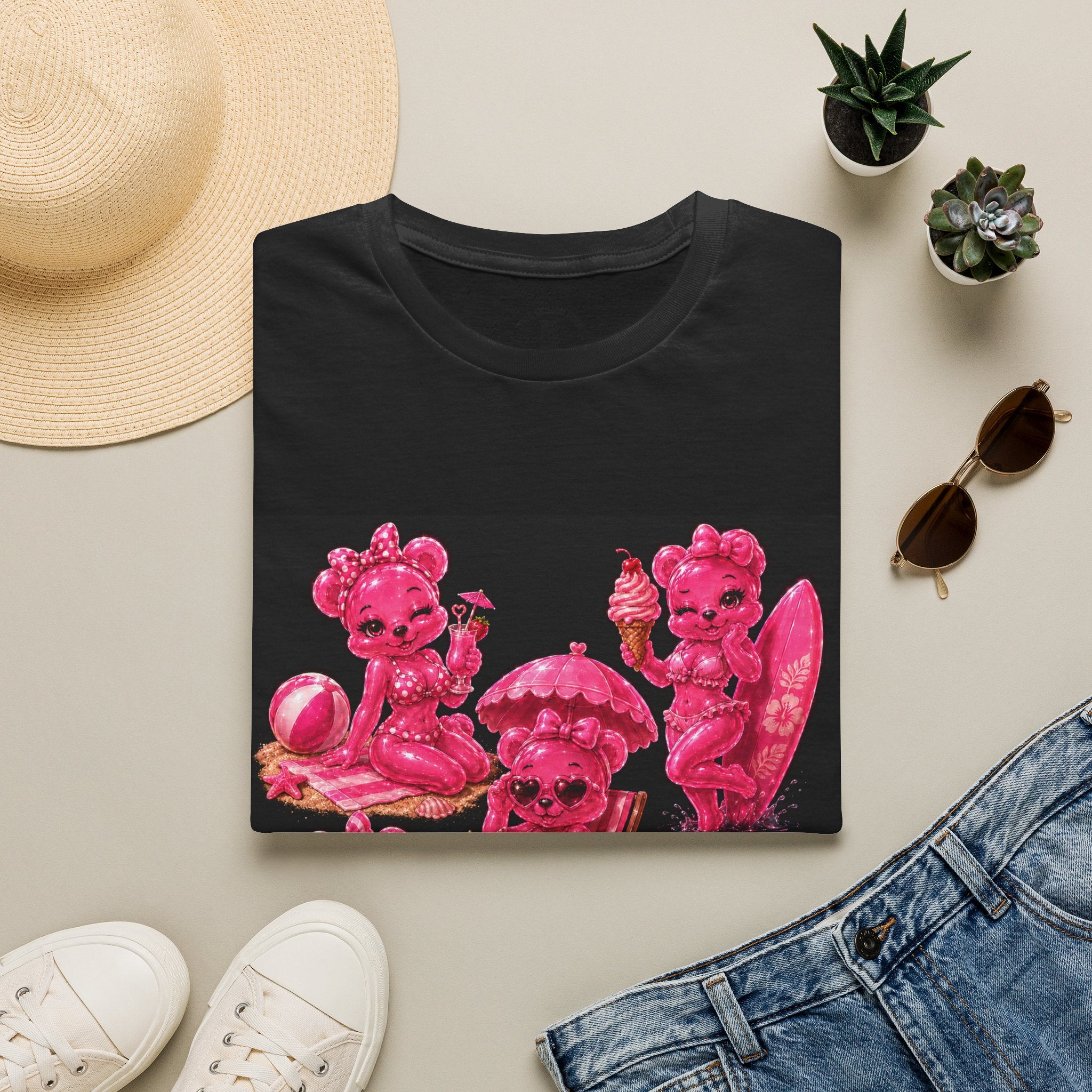 Retro Pink Pin Up Beach Oozy Bear Babe Gummy- Adult Graphic Shirt (+18)