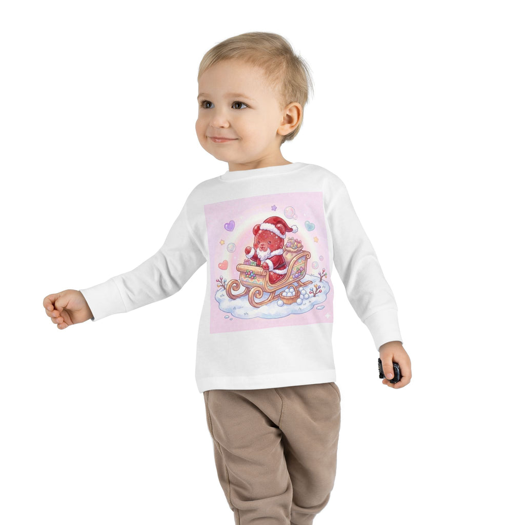 Cute Santa Oozy Bear in Sleigh Christmas- Graphic Long Sleeve Shirt