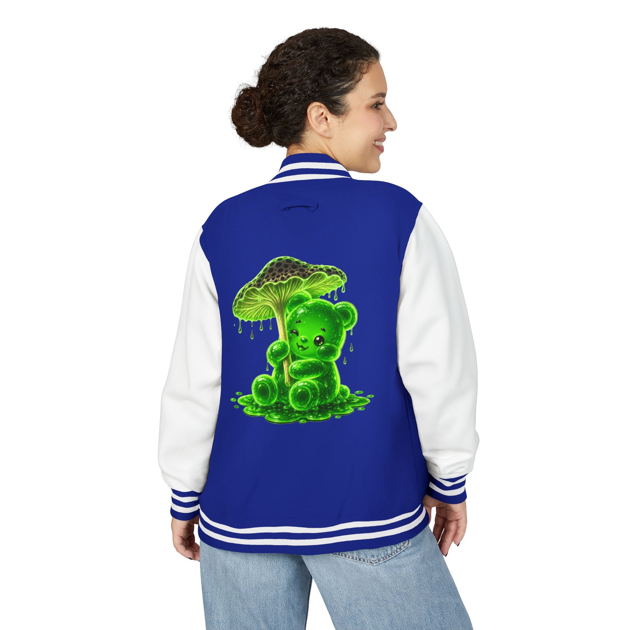 Glowing Green Mushroom, Gooey Gummy Bear Friend — Kawaii Graphic Varsity Jacket