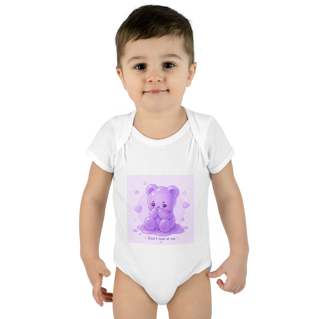 Purple Gooey Gummy Shy bear Baby Bodysuit - "Don't Look at Me" Cute Infant Onesie