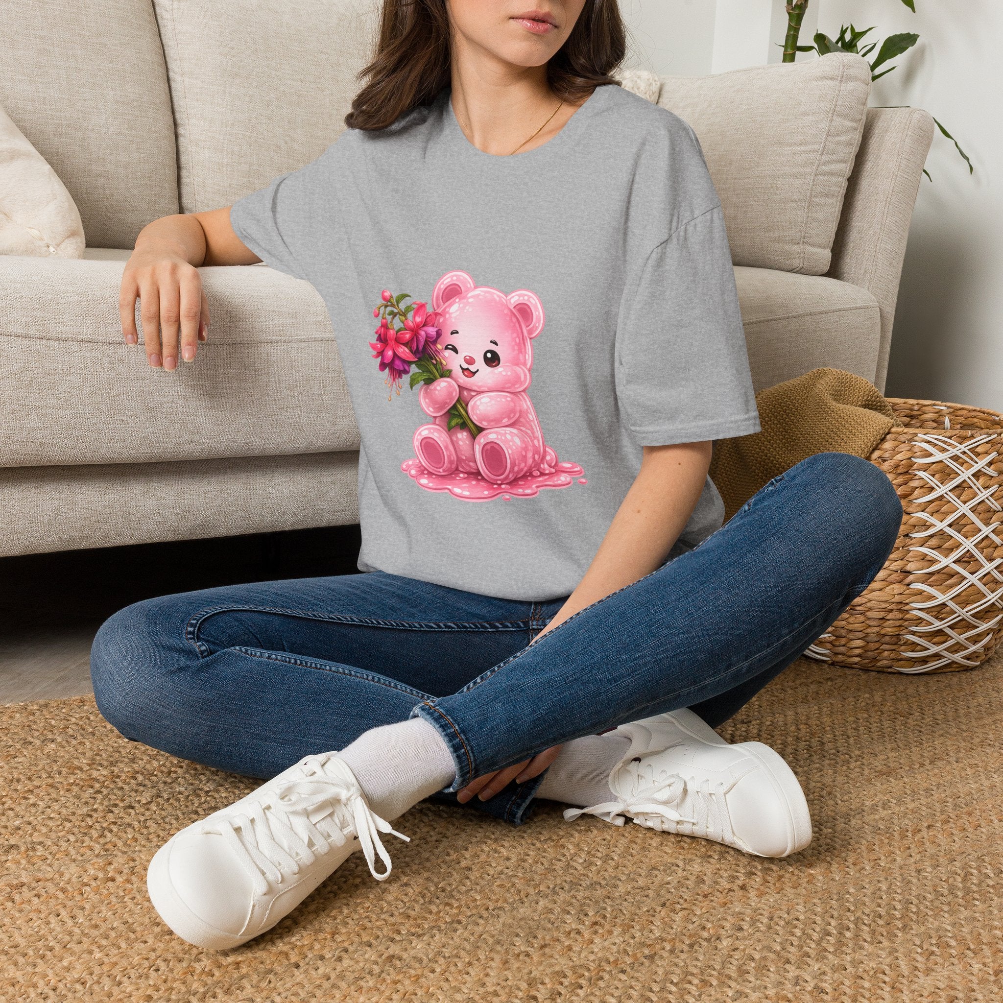 Tropical Pink Flowers, Pretty Pale Oozy Bear Friend- Graphic Shirt