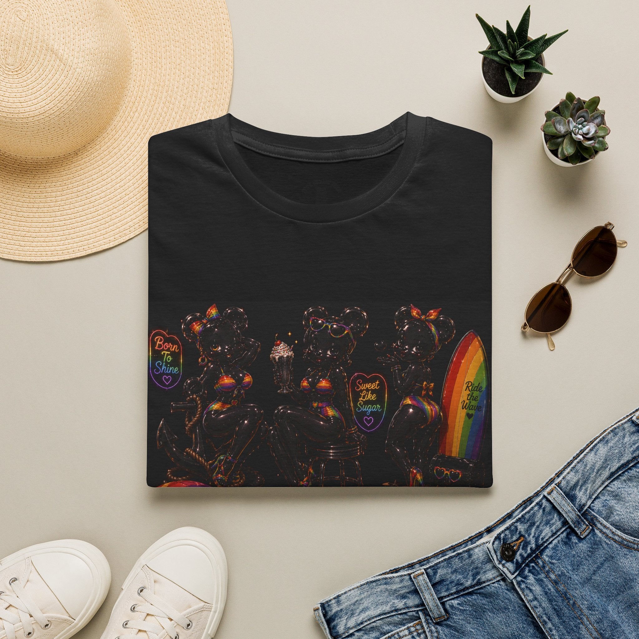 Black & Rainbow Special Addition Oozy Bear Beach Babe Pin Up- Adult Graphic Shirt (18+)
