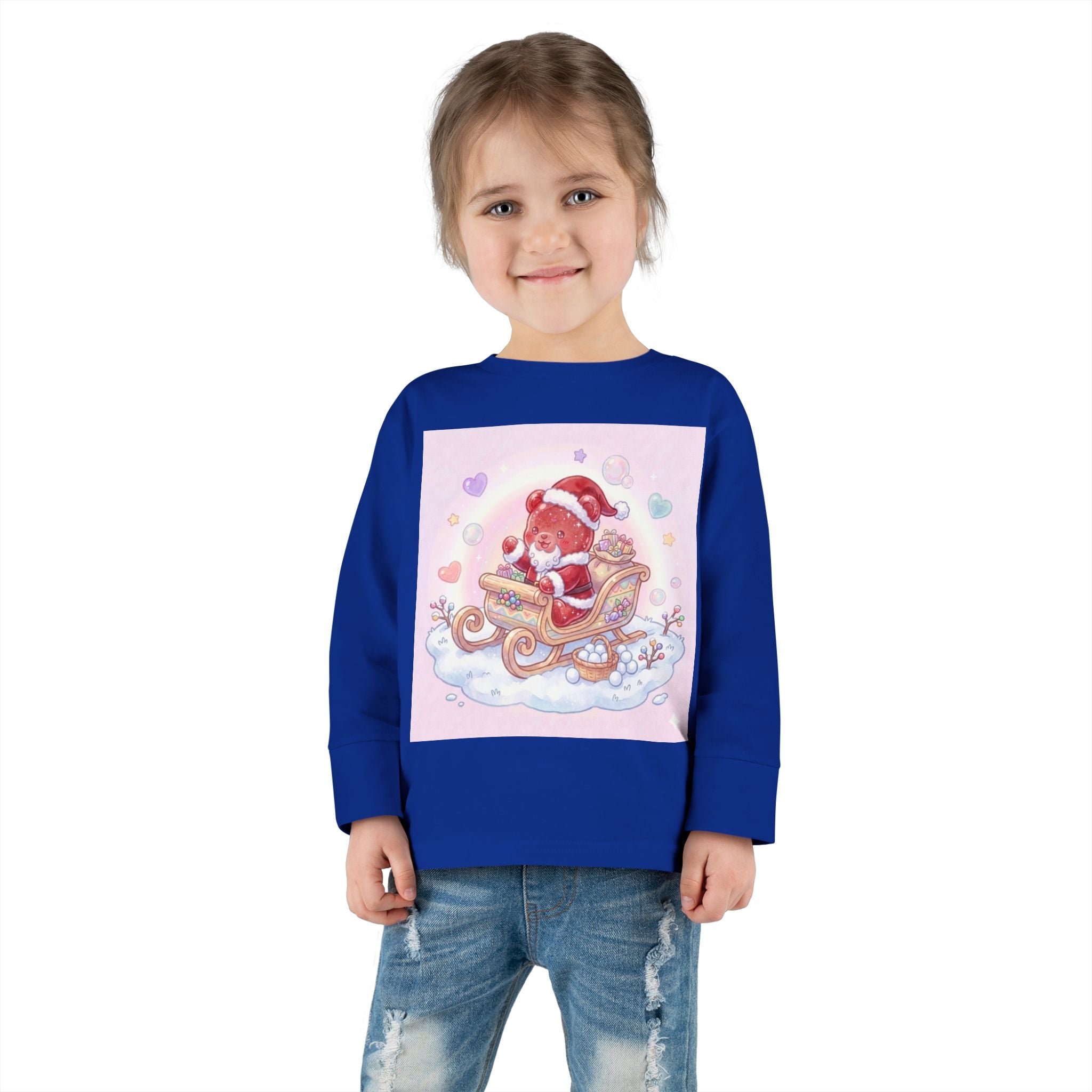 Cute Santa Oozy Bear in Sleigh Christmas- Graphic Long Sleeve Shirt