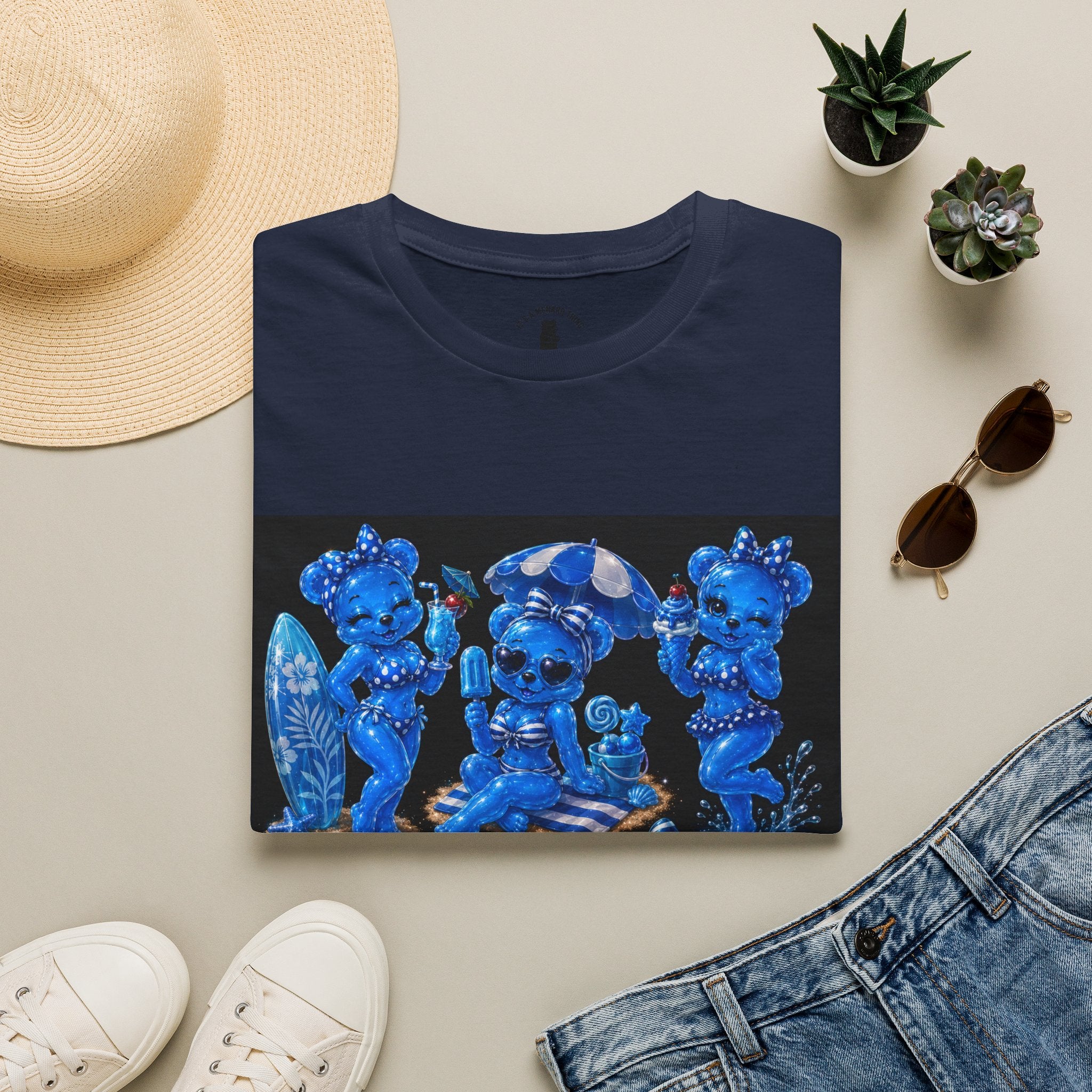 Retro Kawaii Blue Oozy Bear Pin Up Beach Babe- Adult Graphic Shirt (18+)