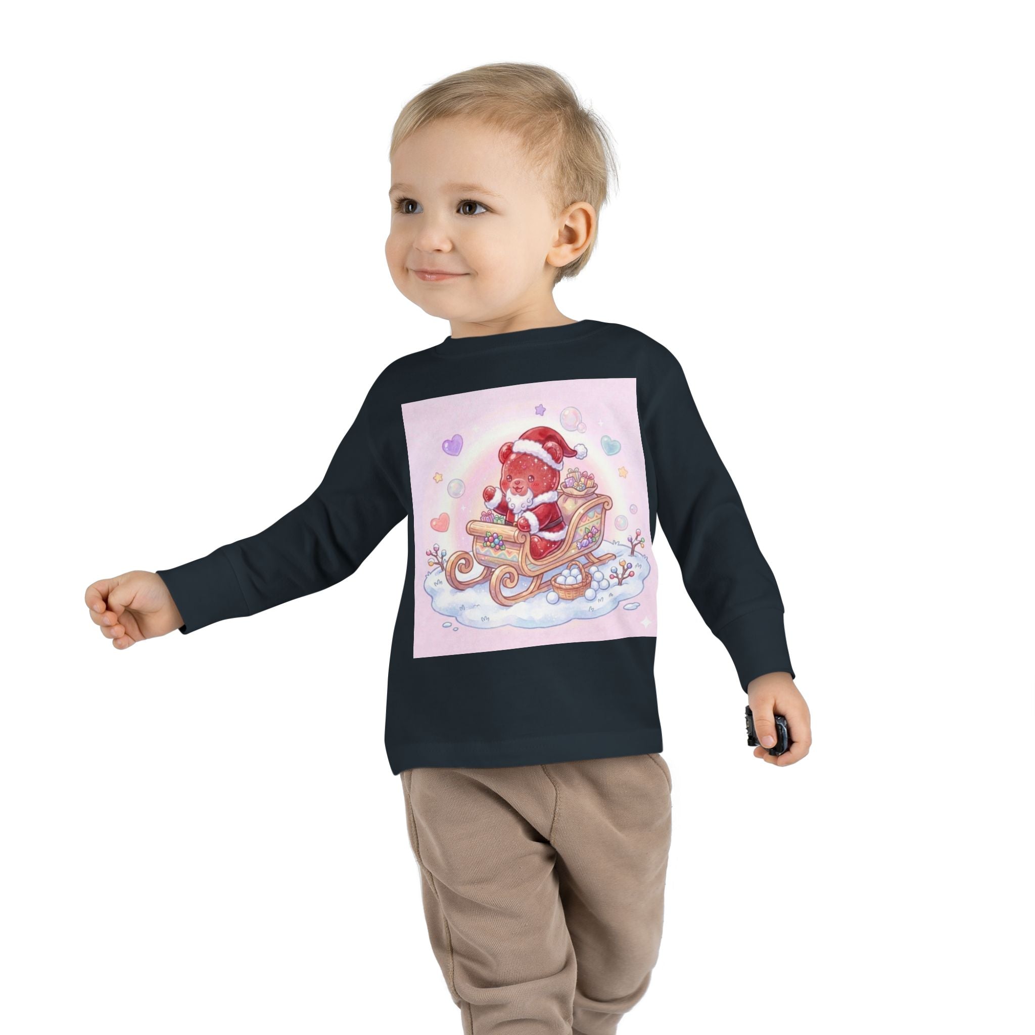 Cute Santa Oozy Bear in Sleigh Christmas- Graphic Long Sleeve Shirt