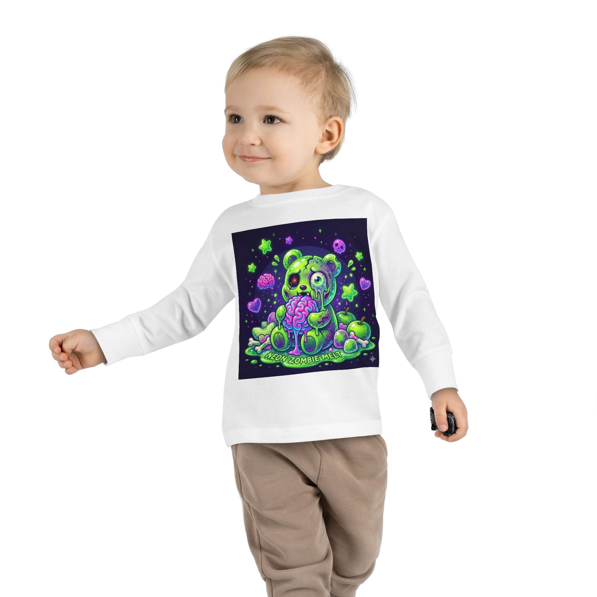 Neon Zombie Oozy Bear Gummy Halloween Addition- Kids Graphic Long Sleeve Shirt