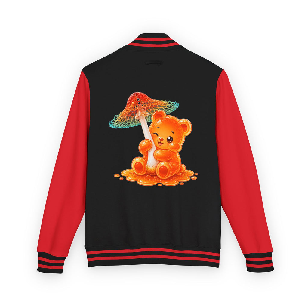 Pretty Orange and Teal Mushroom, Gooey Gummy Bear Friend — Kawaii Graphic Varsity Jacket