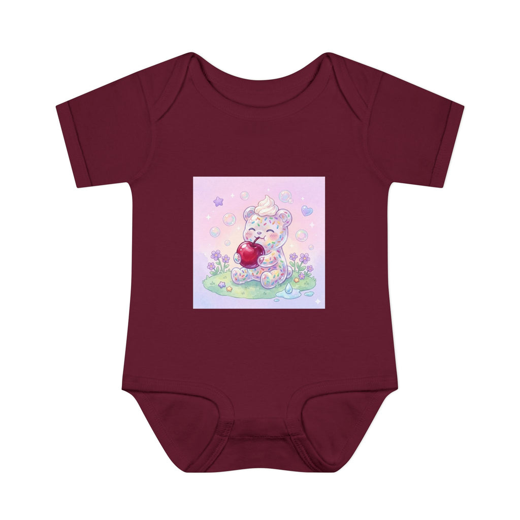 Gooey Gummy Birthday Sprinkles Cake bear eating a Cherry- Infant Onesie