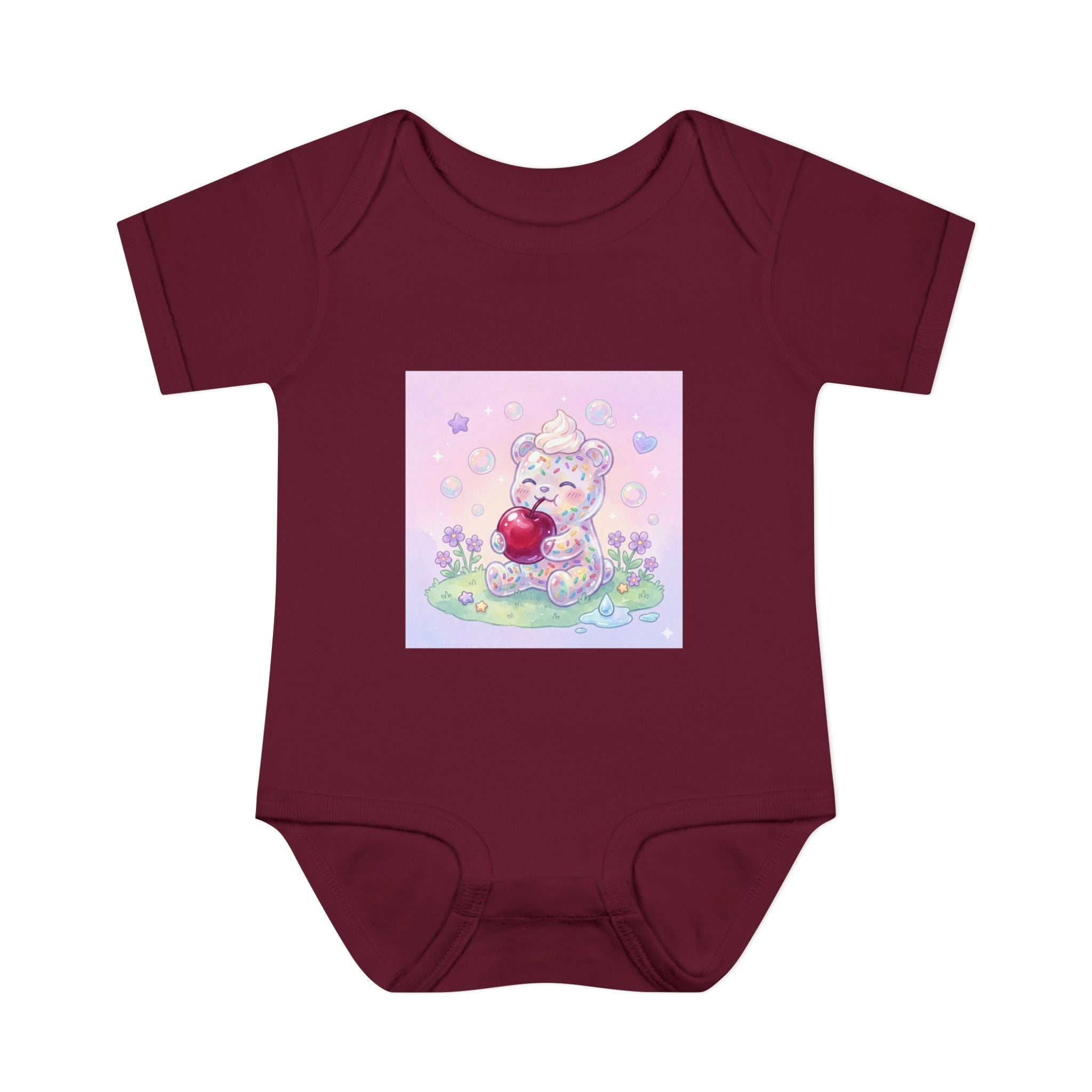 Gooey Gummy Birthday Sprinkles Cake bear eating a Cherry- Infant Onesie