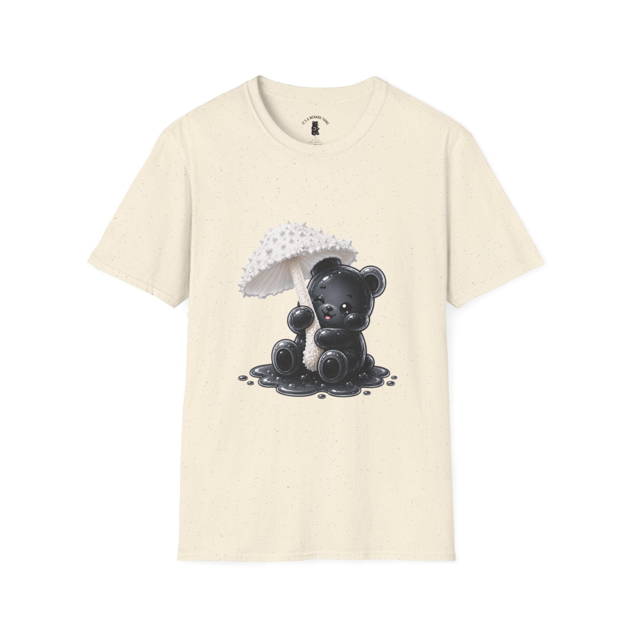 Beautiful Veiled White Mushroom, Black Oozy Bear Gummy Friend- Graphic Shirt