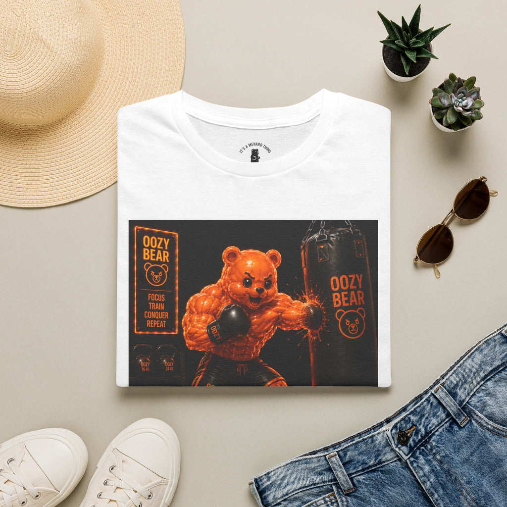 Retro Fighting Ring Workout, Orange Oozy Buff Bear Gummy Gym Addition- Adult Graphic Shirt