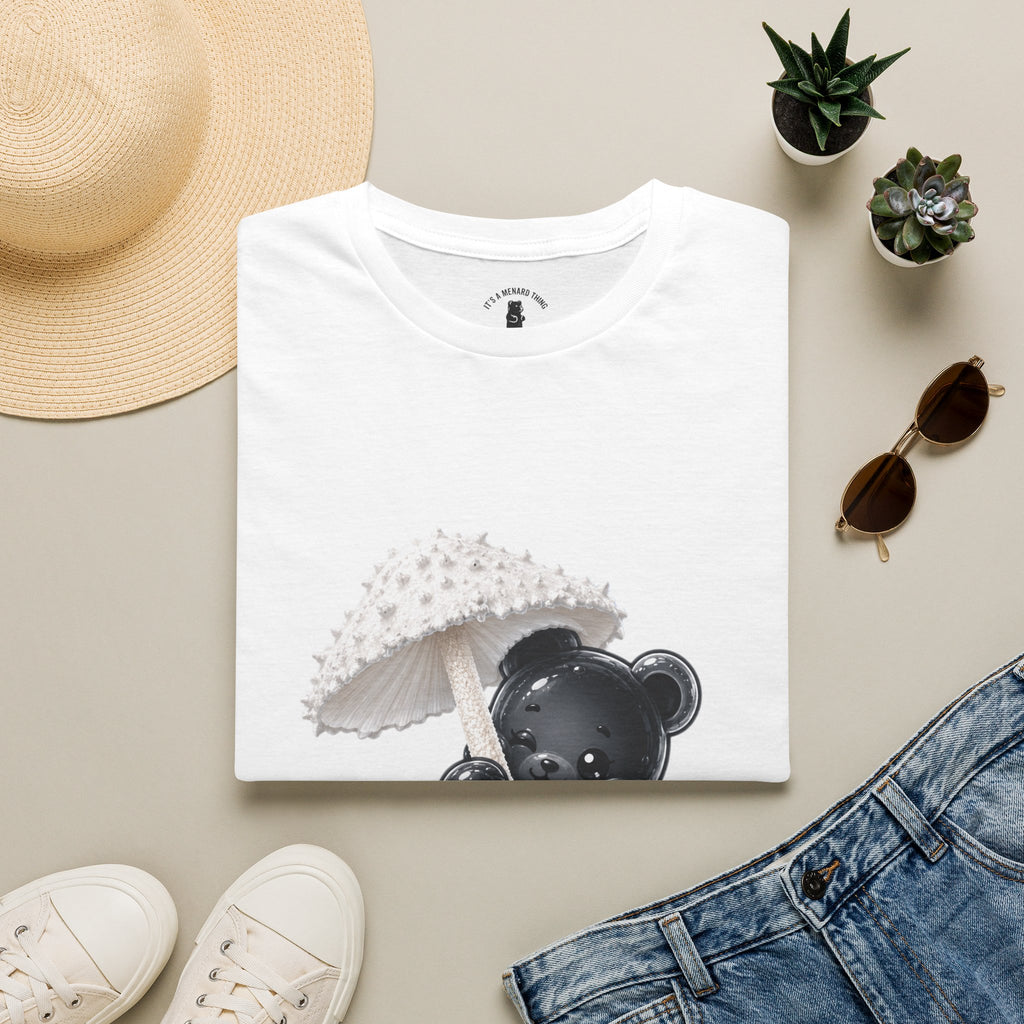 Beautiful Veiled White Mushroom, Black Oozy Bear Gummy Friend- Graphic Shirt