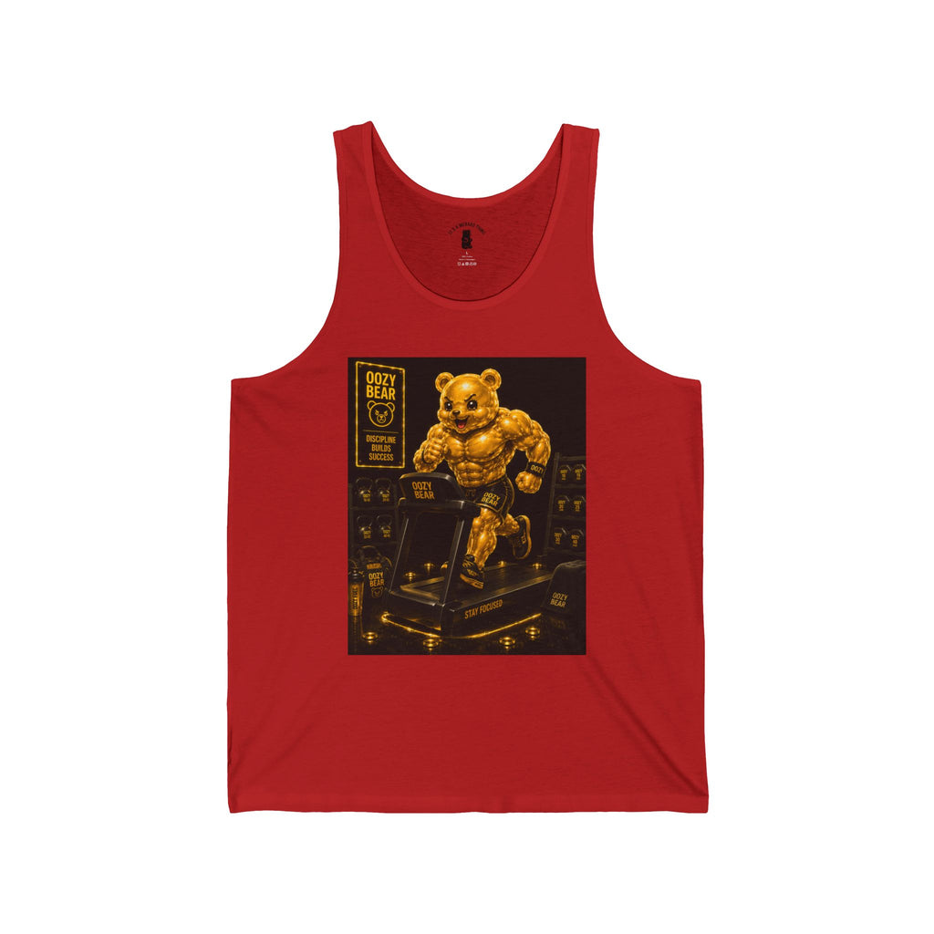 Running On Treadmill, Working Out Golden Yellow Oozy Buff Bear Gummy Gym Addition- Adult Graphic Tank Top