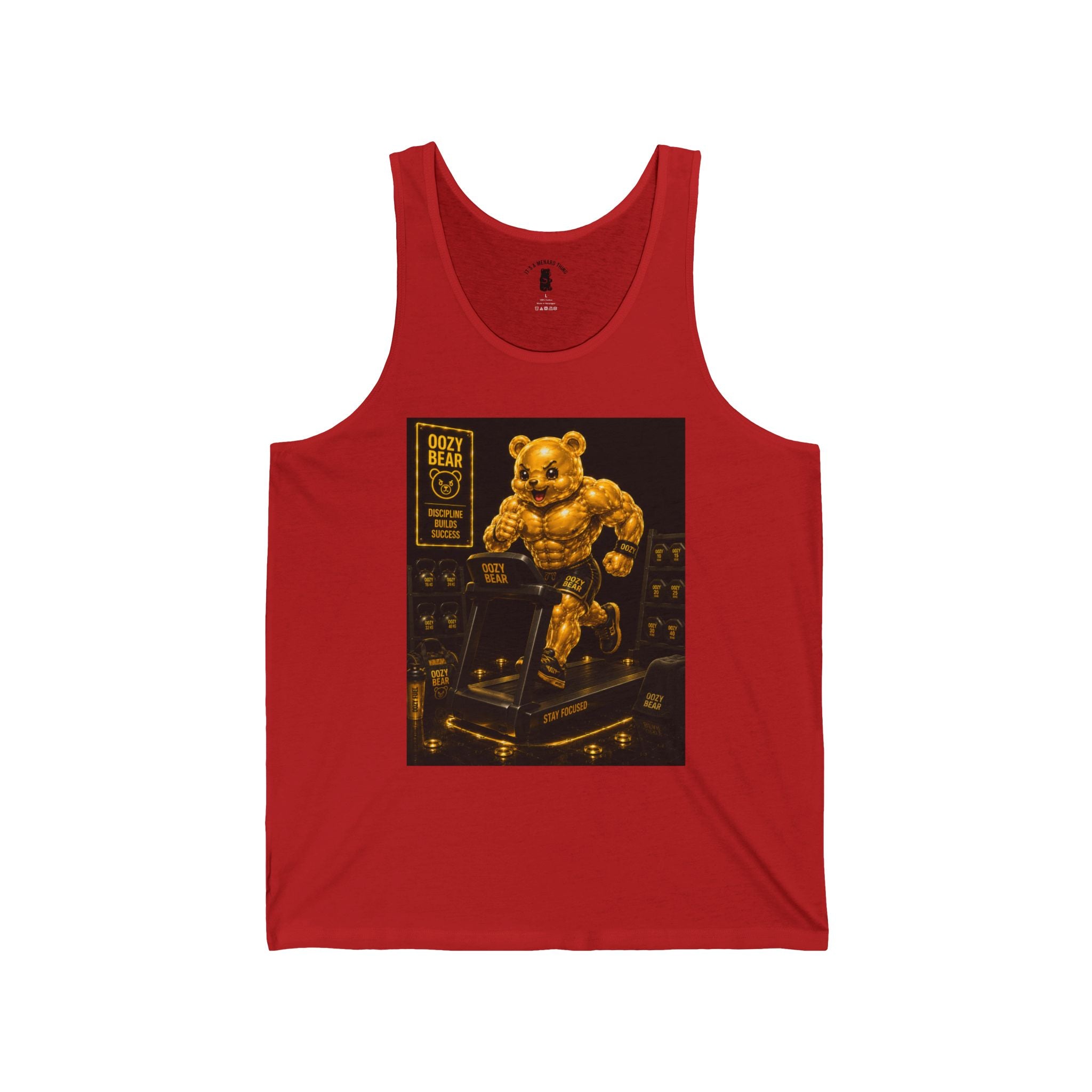 Running On Treadmill, Working Out Golden Yellow Oozy Buff Bear Gummy Gym Addition- Adult Graphic Tank Top