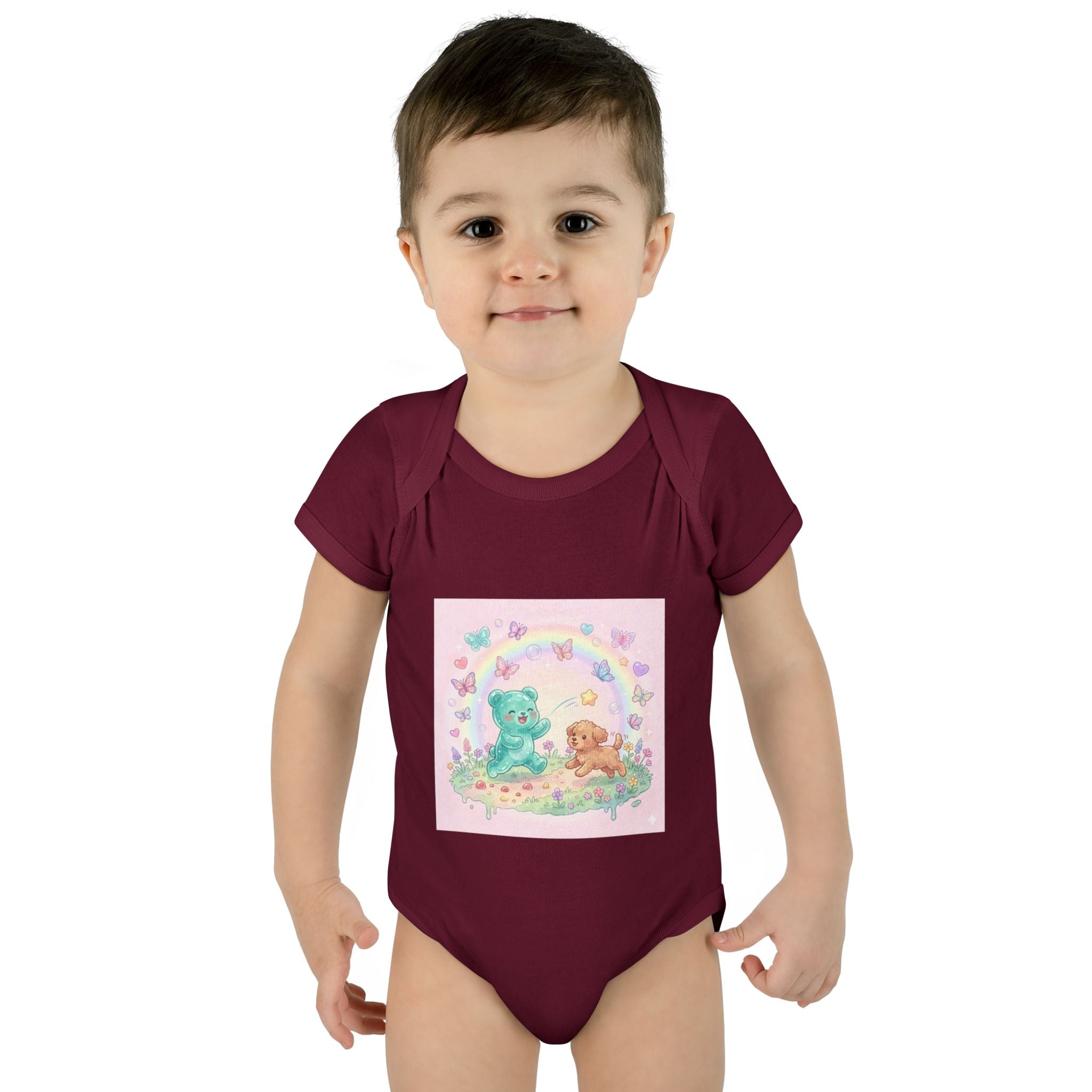 Gooey Gummy Playing Fetch with Puppy, Cute Infant Onesie