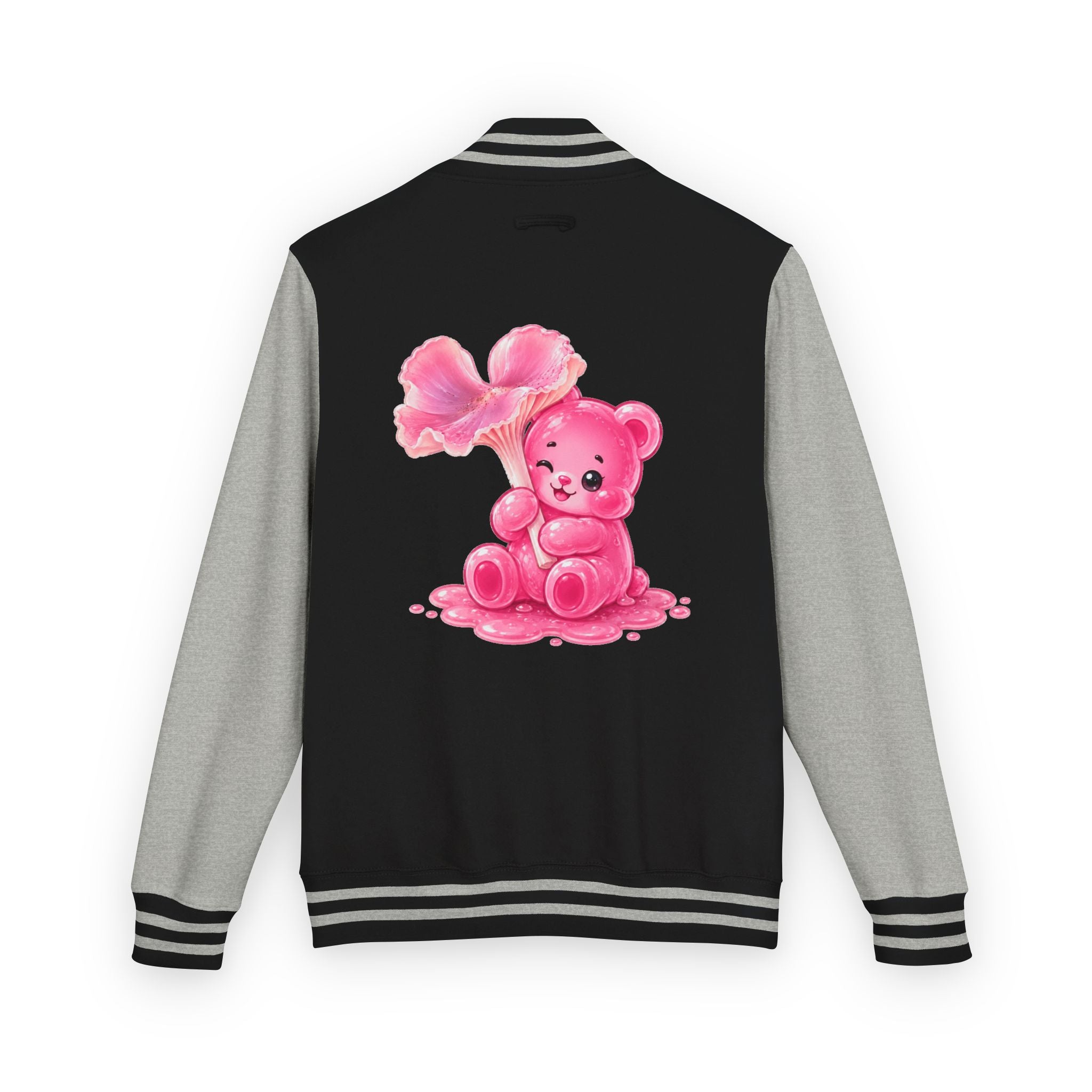 Pink Wax Cap Mushroom, Gooey Gummy Bear Friend — Kawaii Graphic Varsity Jacket