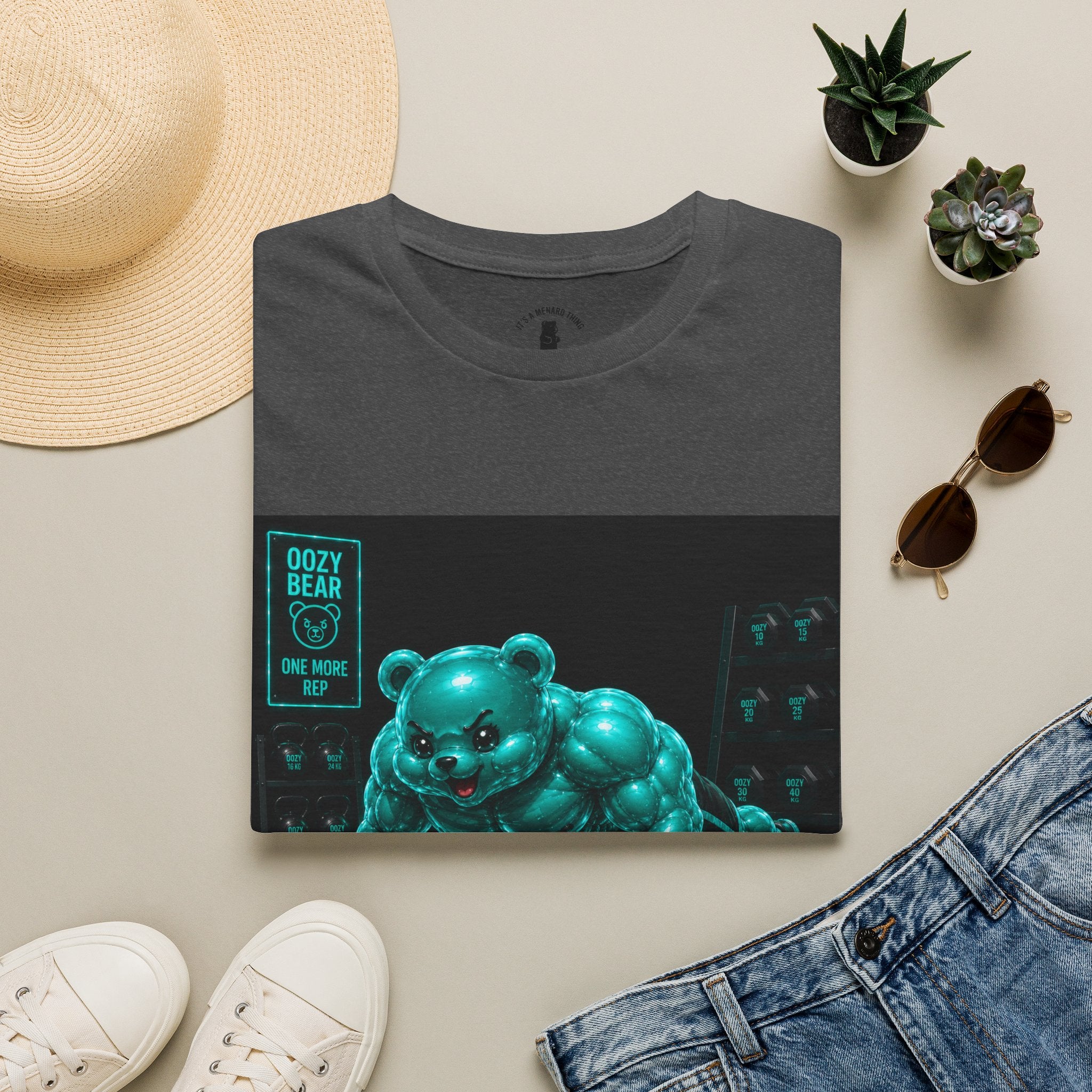 Neon Fitness Push Ups, Teal Oozy Buff Bear Gummy Gym Addition- Adult Graphic Shirt