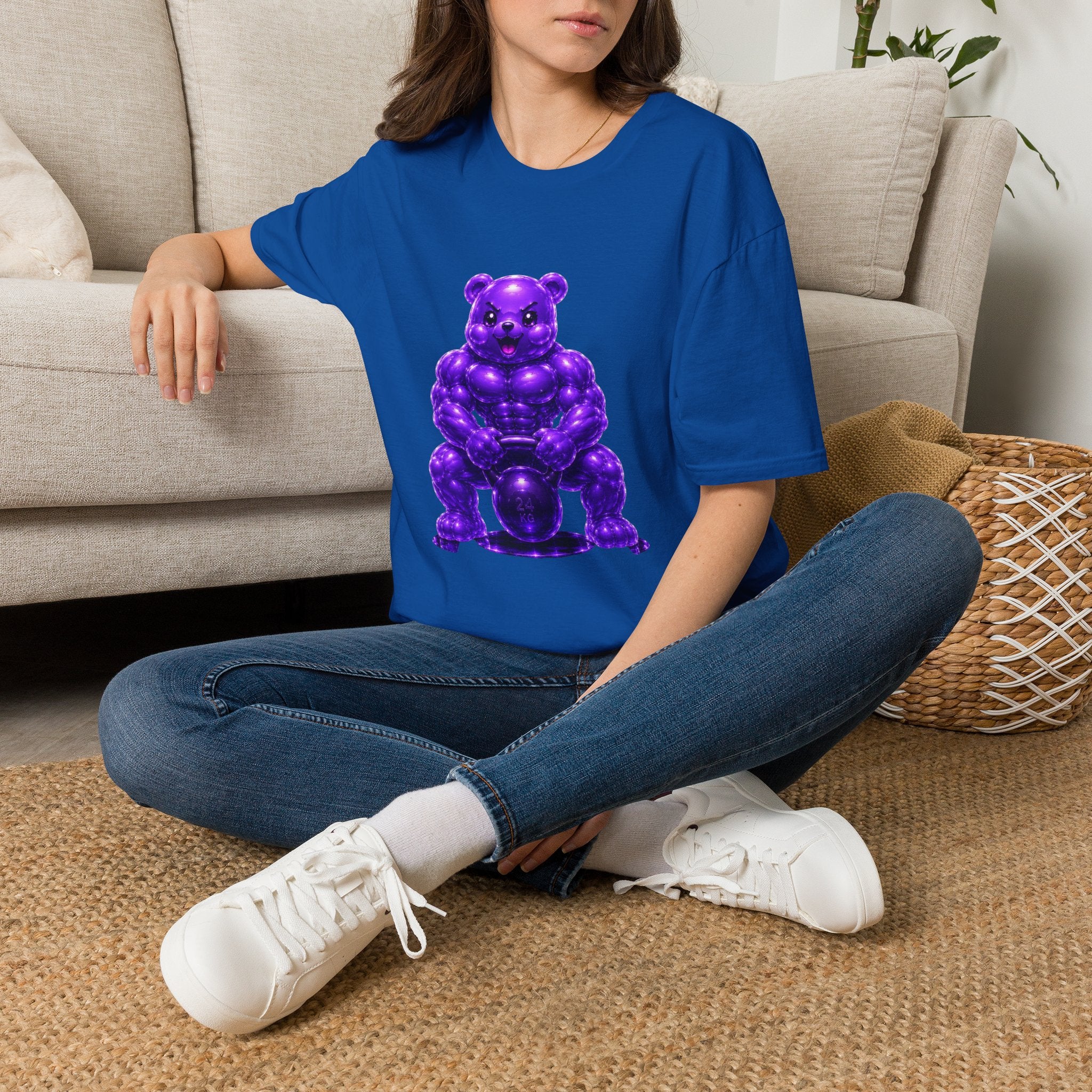 Brawny Violet Oozy Buff Bear with Kettleball Weight- Adult Graphic Shirt (18+)