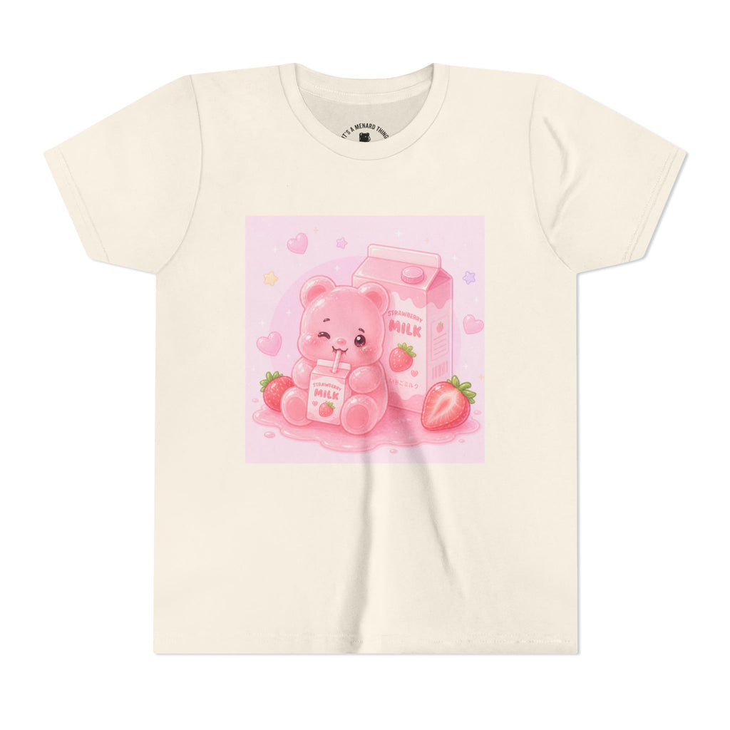Kids' Pink Strawberry Milk Gooey Gummy Bear— Cute Youth Short Sleeve Shirt