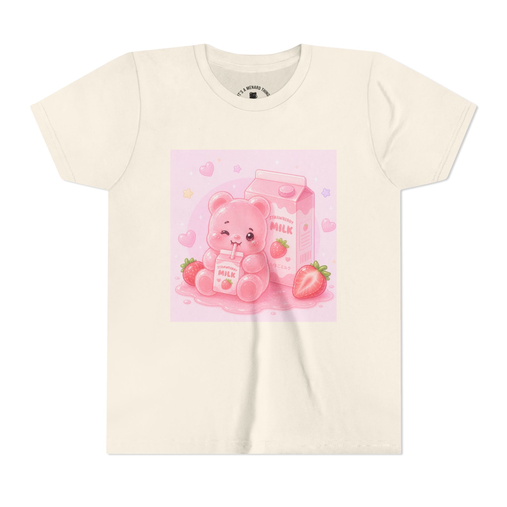 Kids' Pink Strawberry Milk Gooey Gummy Bear— Cute Youth Short Sleeve Shirt