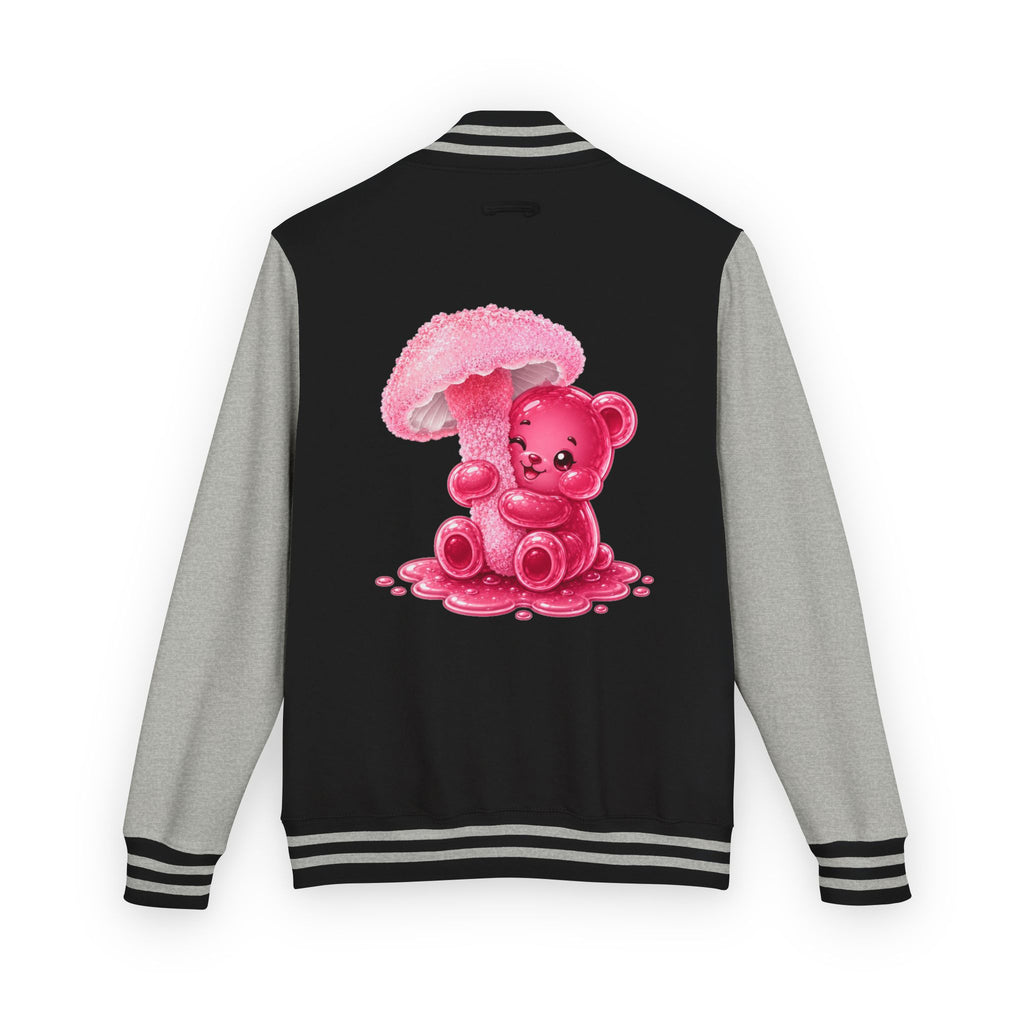 Pretty Pink Mushroom, Gooey Gummy Bear Friend —  Kawaii Graphic Varsity Jacket