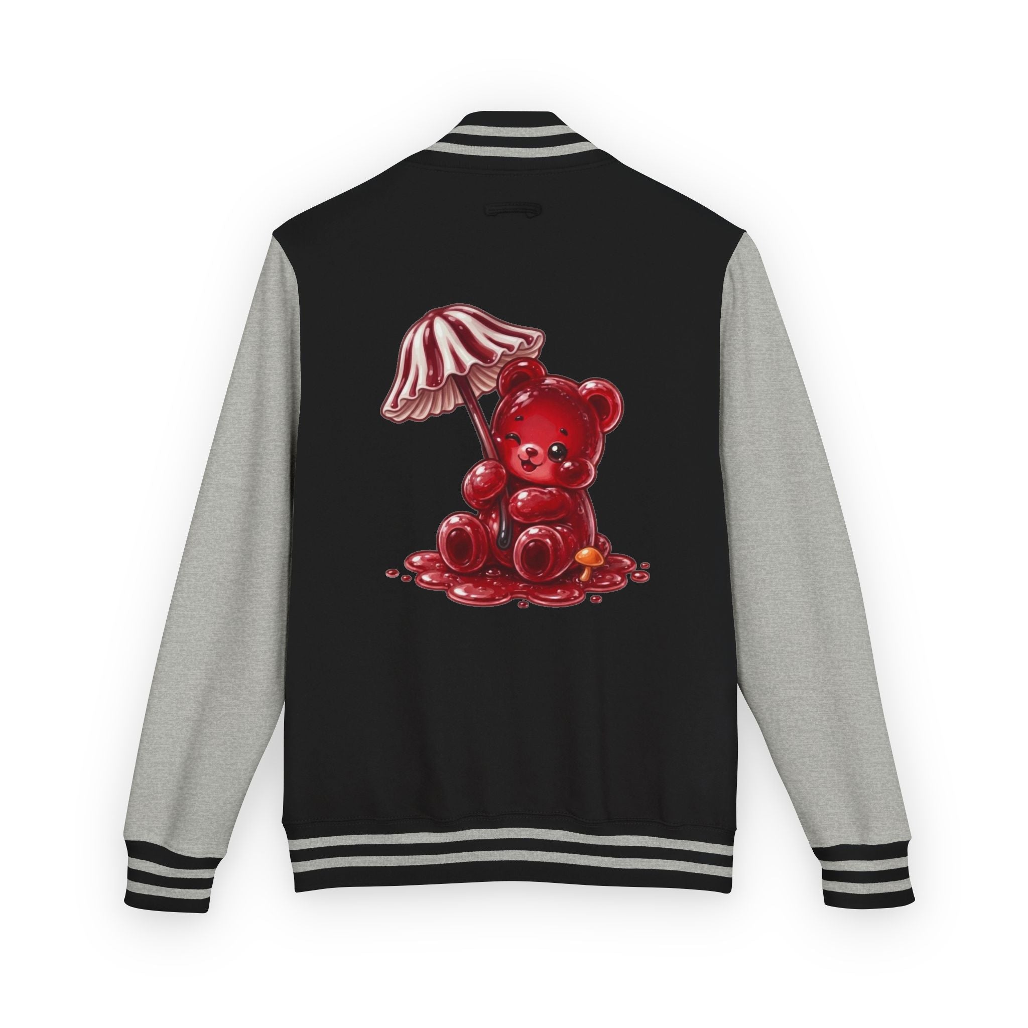 Red Stripped Mushroom Umbrella, Oozy Bear Gummy- Letterman Graphic Jacket