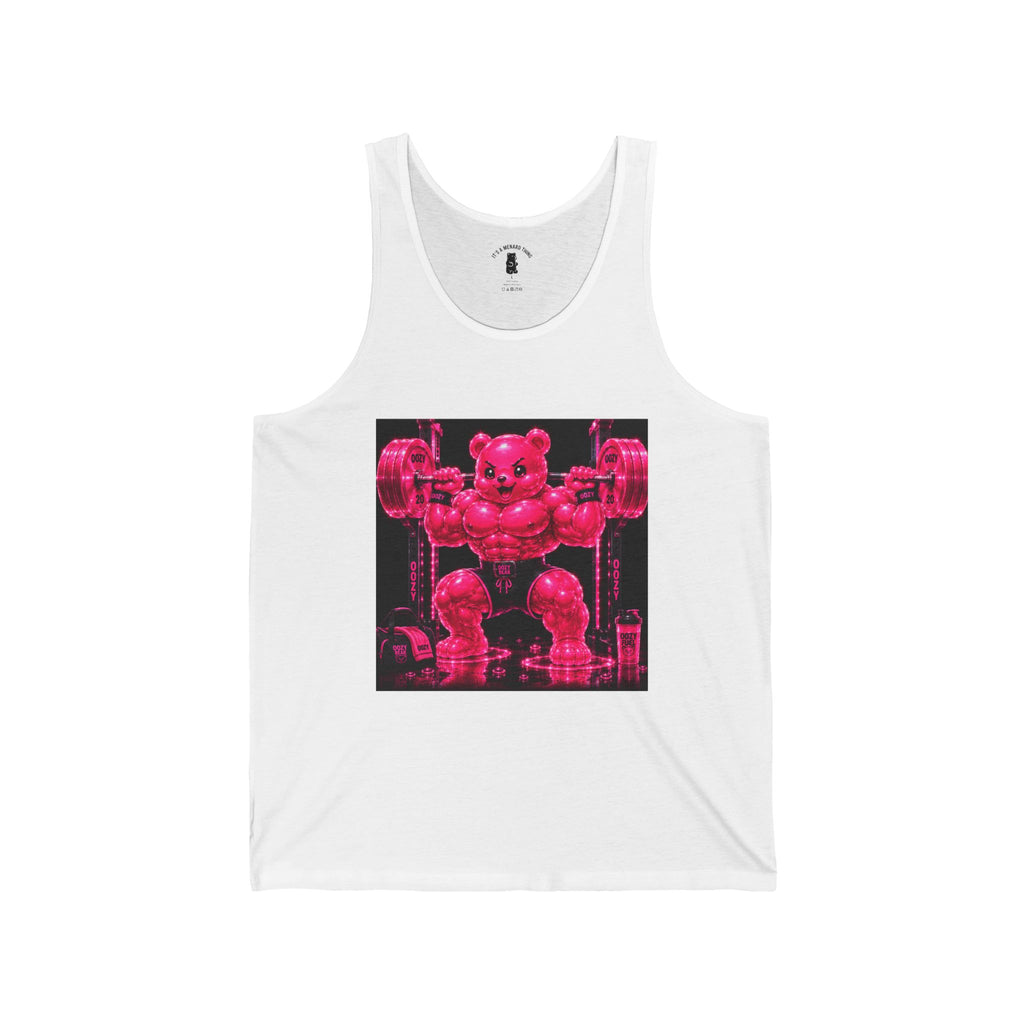 Working Out with Heavy Barbell, Pink Oozy Buff Bear Gummy Gym Addition- Adult Graphic Tank Top