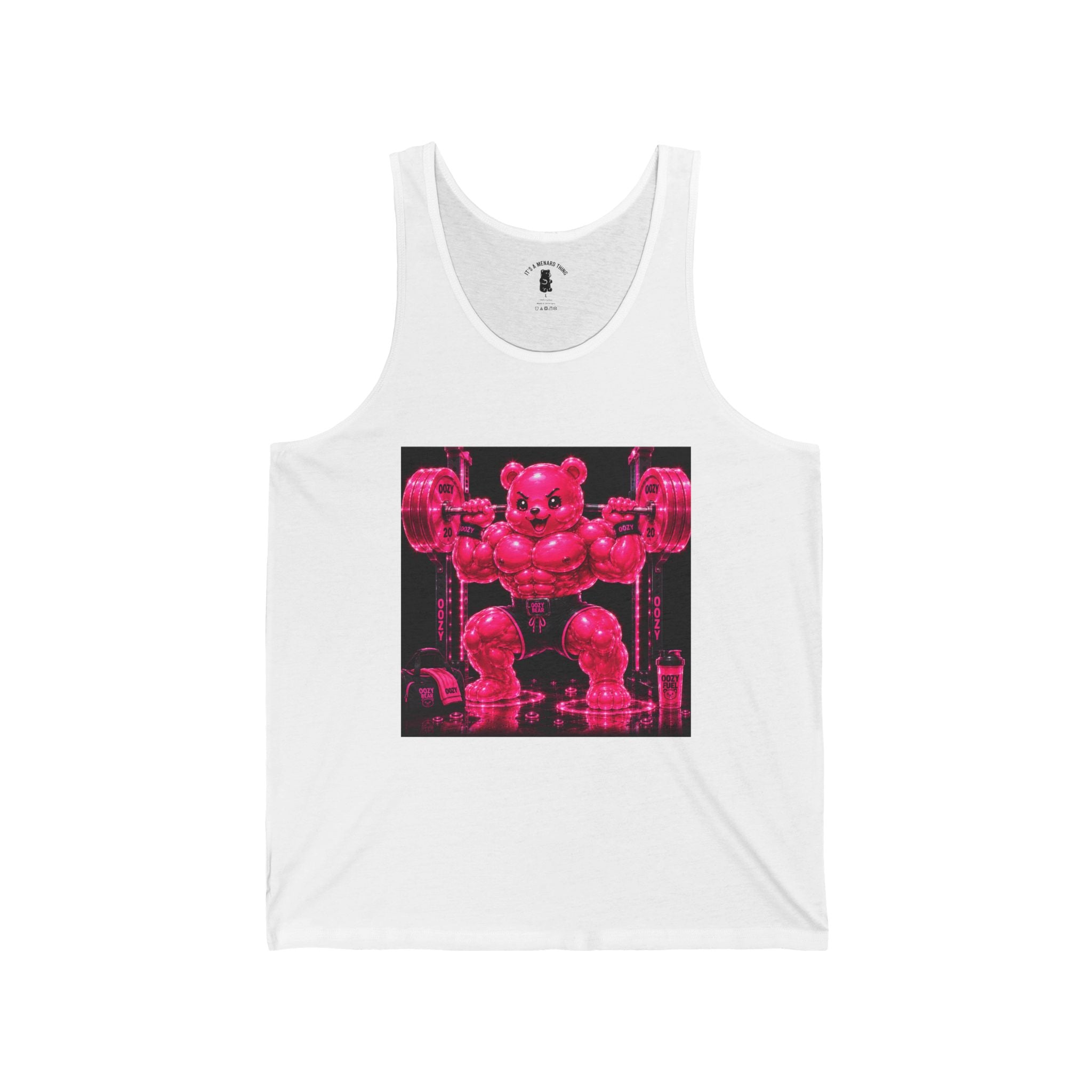 Working Out with Heavy Barbell, Pink Oozy Buff Bear Gummy Gym Addition- Adult Graphic Tank Top