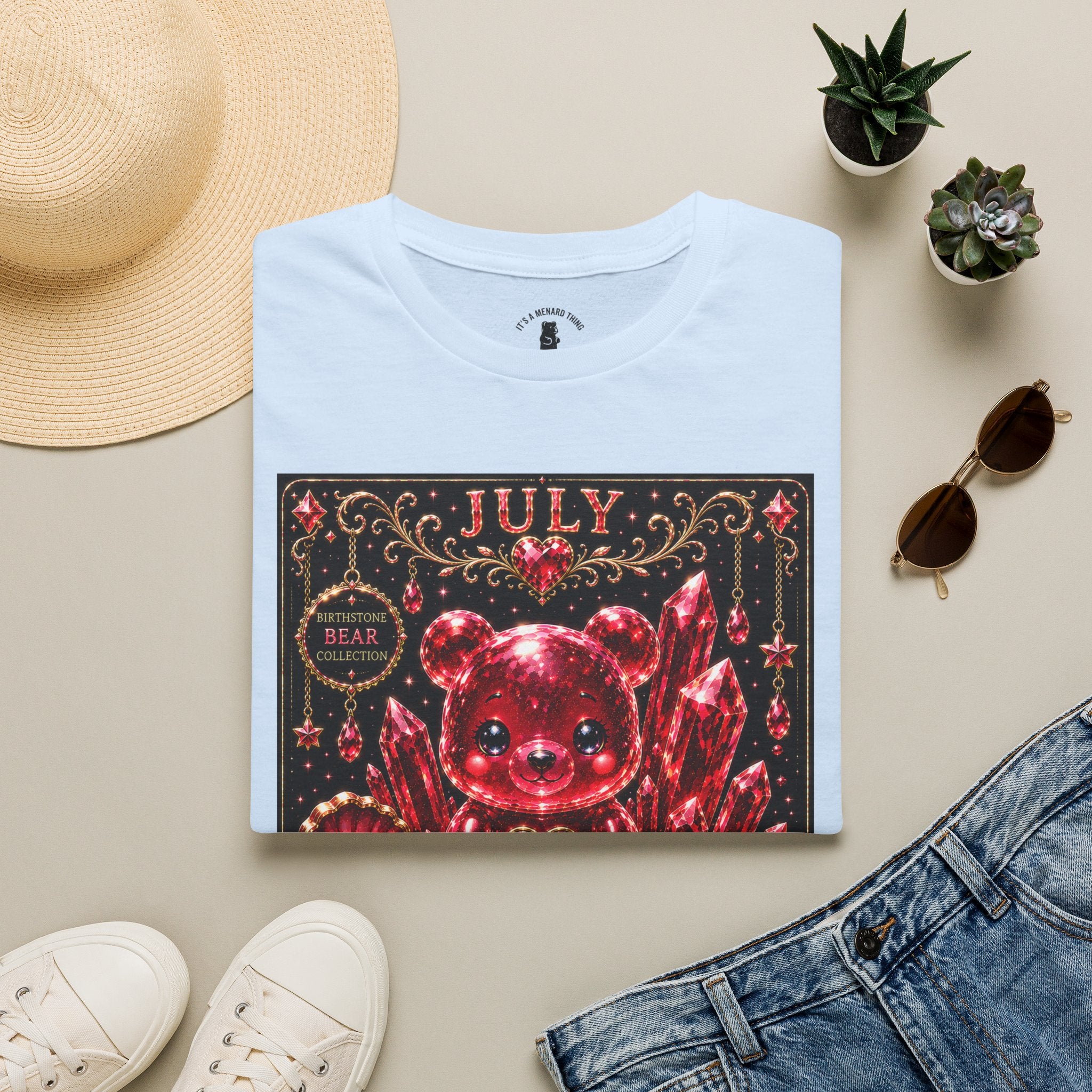 July Ruby Crystal Oozy Bear Birth Month Gemstone Addition- Graphic Shirt