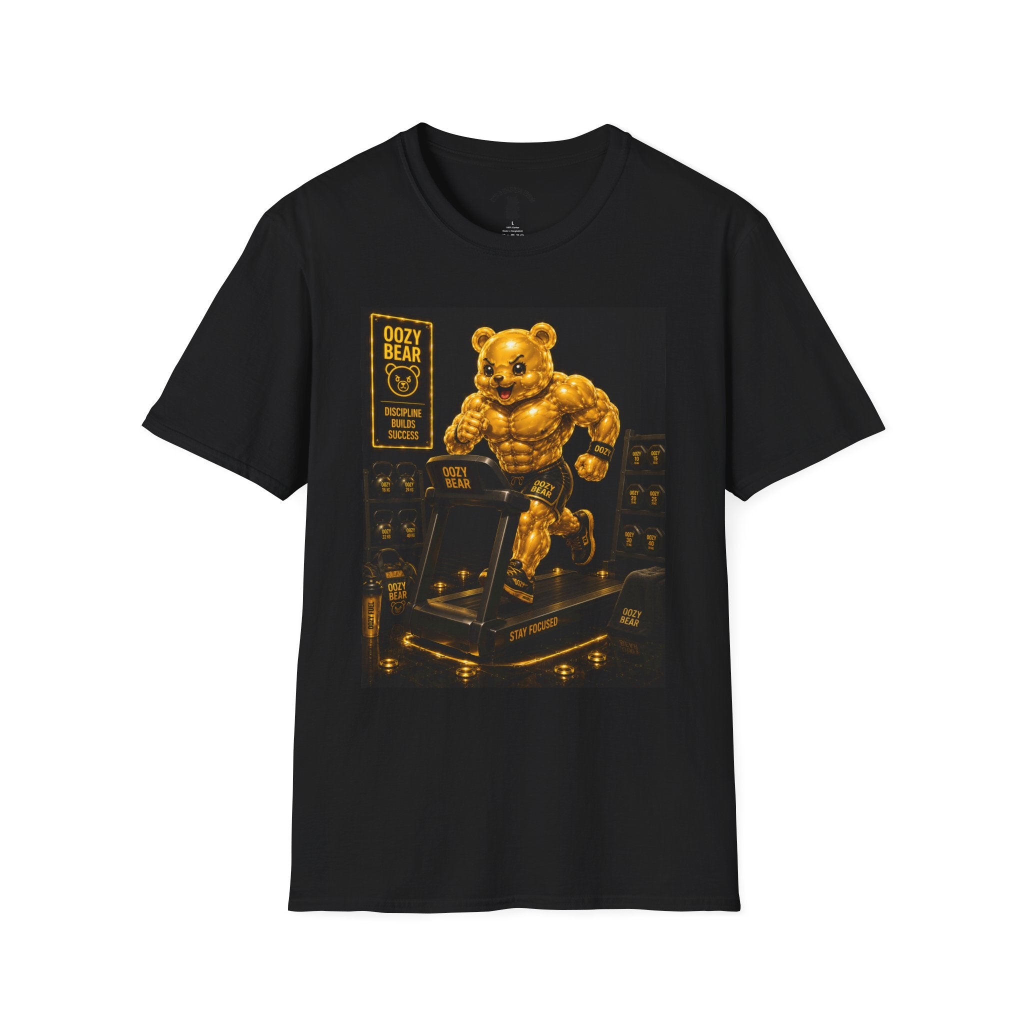 Running The Treadmill, Golden Yellow Oozy Buff Bear Workout- Adult Graphic Shirt