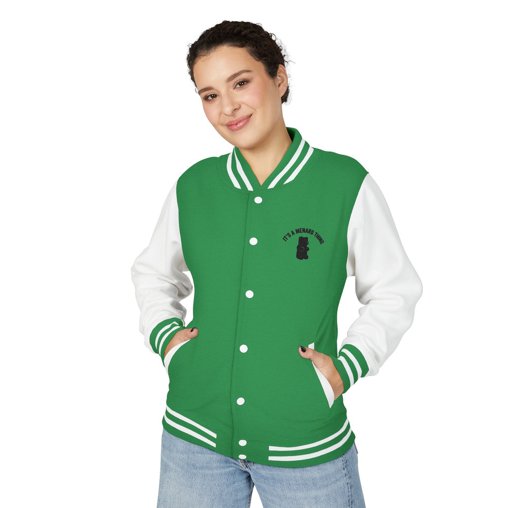 Glowing Green Mushroom, Gooey Gummy Bear Friend — Kawaii Graphic Varsity Jacket