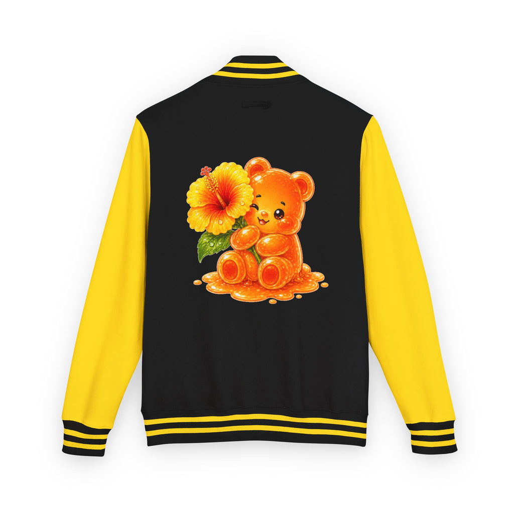 Golden Hibiscus, Yellow Gooey Gummy Bear Friend- Kawaii Varsity Jacket